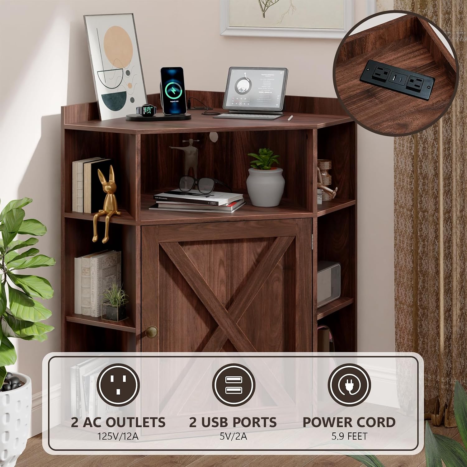 Halitaa Corner Storage Cabinet, Farmhouse Corner Bookshelf with Storage 6-Cubby Wooden Cabinet with USB Ports and Outlets Industrial Organizer for Small Space, Study, Playroom, Living Room, Walnut