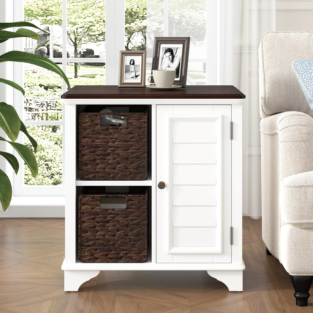 Multifunctional End Table Side Table with a Shutter Style Door and 2 Woven Grass Baskets, Sofa Side Narrow Table, Wood Bedside Nightstand for Living Room Bedroom (White-4.7)