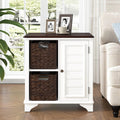 Multifunctional End Table Side Table with a Shutter Style Door and 2 Woven Grass Baskets, Sofa Side Narrow Table, Wood Bedside Nightstand for Living Room Bedroom (White-4.7)