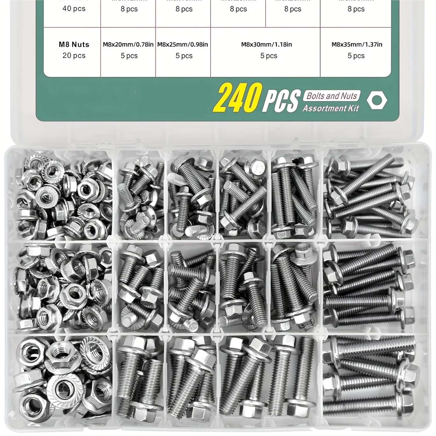 Set Screw Assortment Kit 240PCS 304 Stainless Steel Metric Flanged Bolts and Nuts Kit for Homeowners,DIYers,Mechanics,Industrial Workers