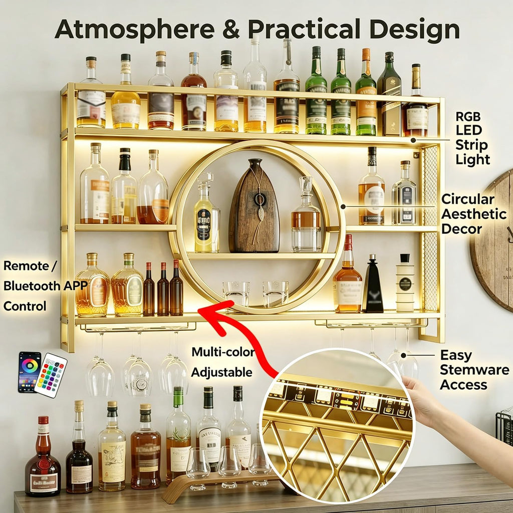 Wine Rack Wall Mounted with LED Light, 3-Tier Metal Bar Shelves for Liquor Bottles with Wine Glass Holder, Modern Large Capacity Liquor Display Shelf for Home Bar, Dining Room, Kitchen (Gold, 47.2in)