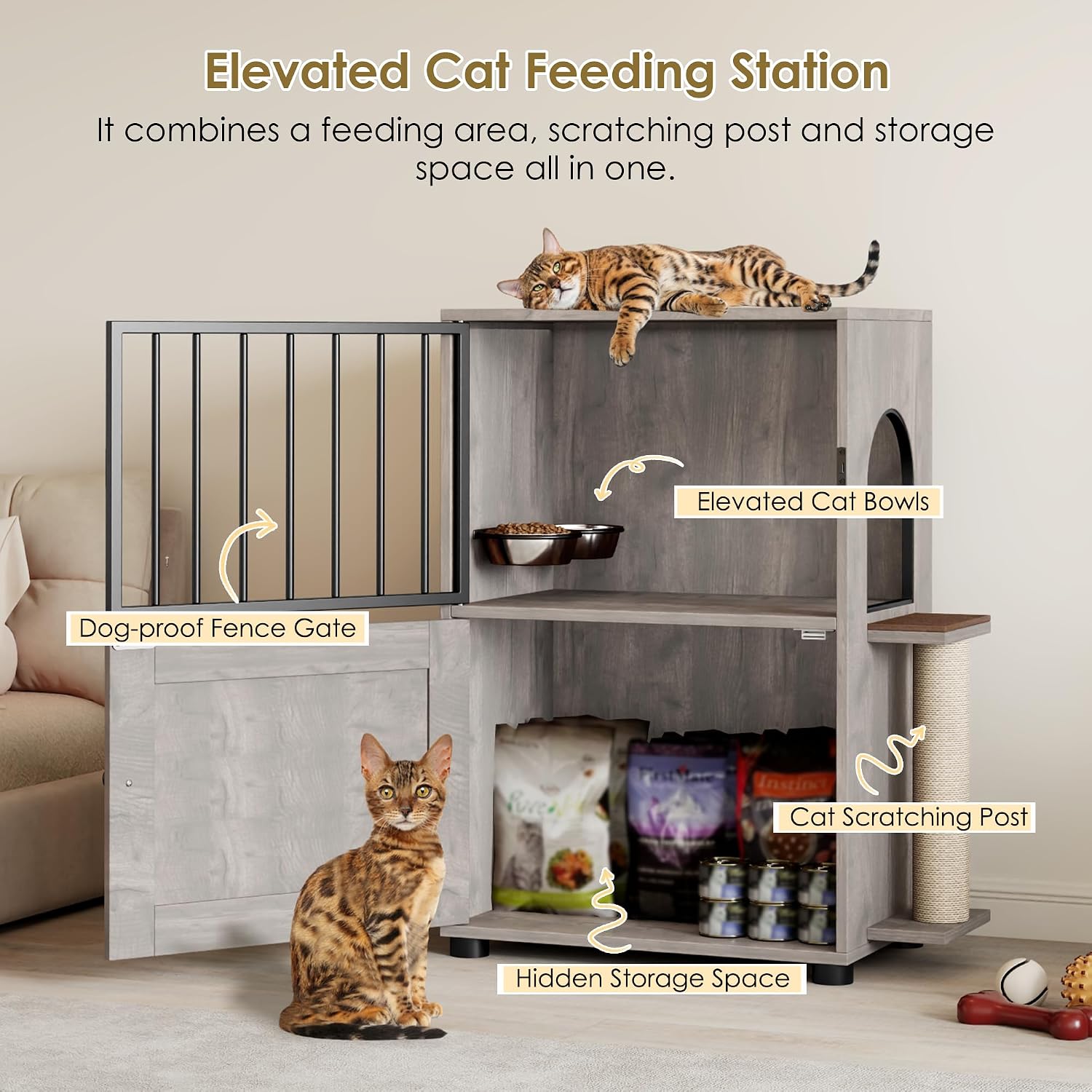 Cat Feeding Station, Dog Proof Cat Feeding Station with Scratching Post, Elevated Food Bowls with Stand, Cats Tree with Food Storage for Small Spaces, Pet House Furniture (Gray)