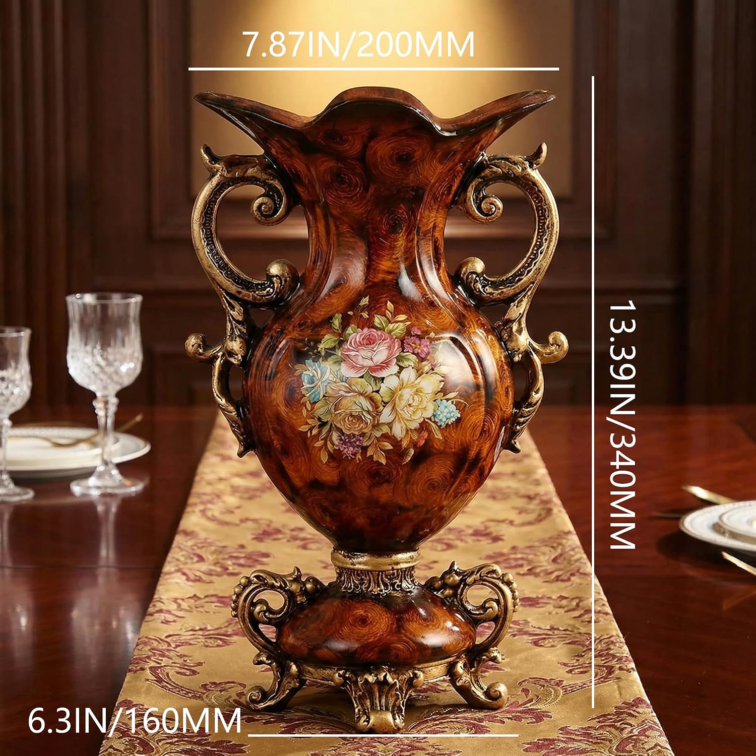 Artificial Flowers in Vase - Vintage Home Decor with Floral Arrangement, Luxury Indoor Table Centerpiece for Living Room, Wedding Party Decoration (European Wood Grain Style)