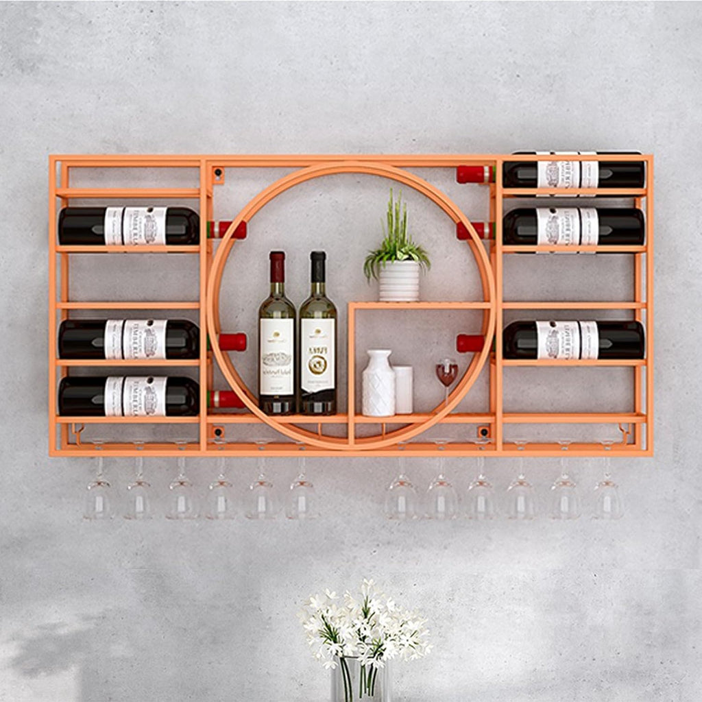 Modern Wall Mounted Wine Rack with Glass Holder and Liquor Shelf Mini Bar Shelves for Wine Bottles and Glasses Corner Coffee Bar Cabinet Orange 110cm Height Space Saving