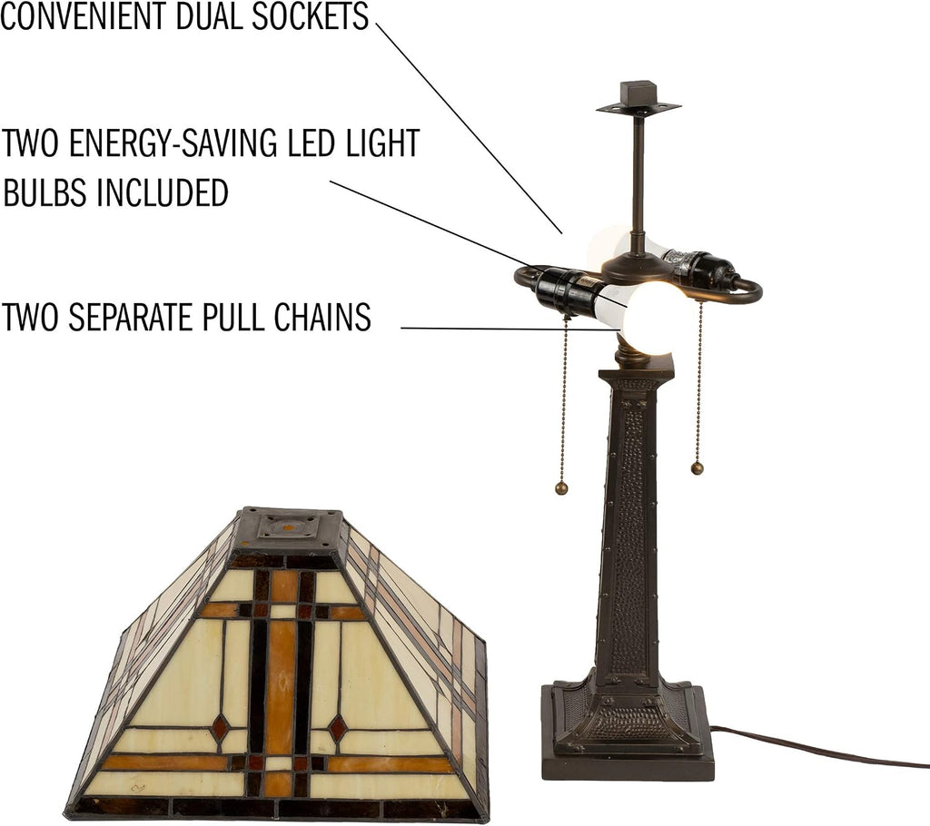Lavish Home Tiffany-Style Table Lamp – Mission-Design Art Glass Lighting with 2 LED Bulbs Included – Vintage-Look Handcrafted Room Décor (Brown)