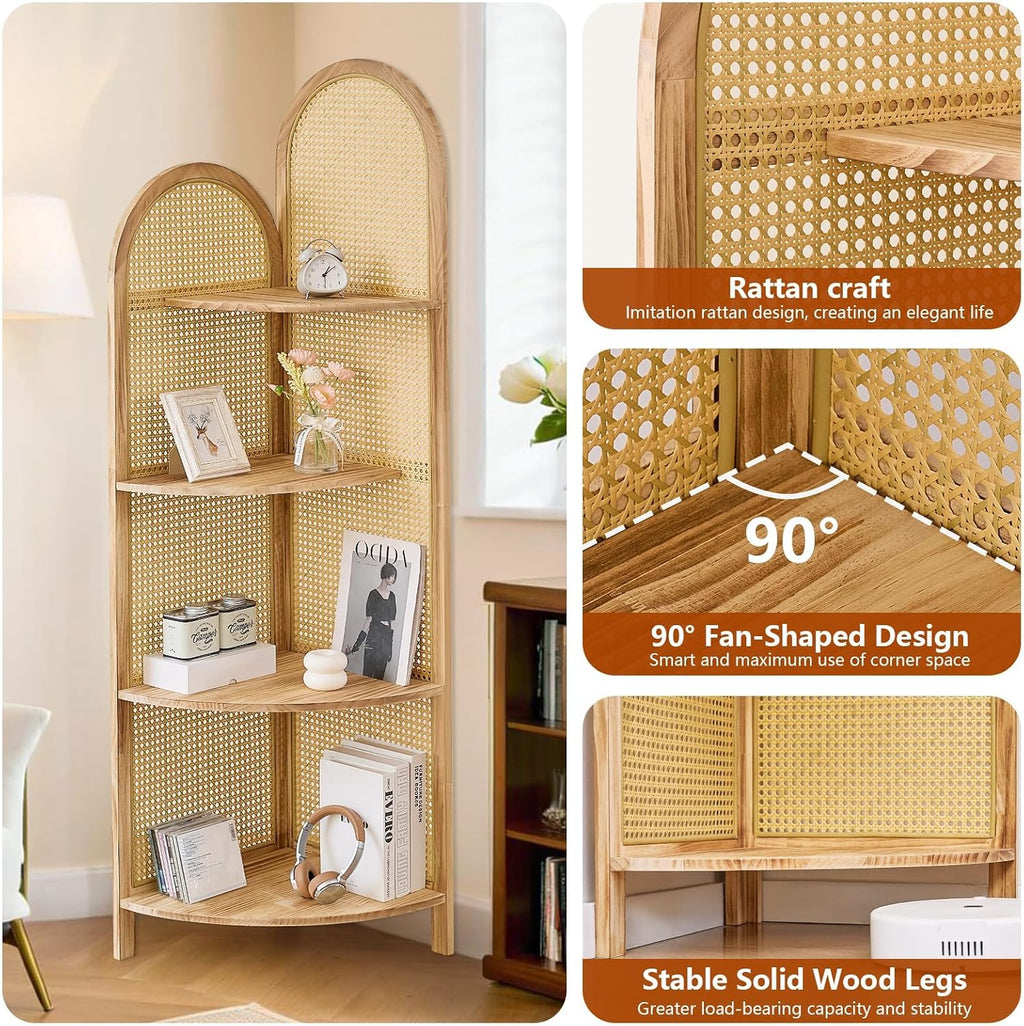 4-Tier Corner Shelf Stand 70' Rattan Corner Shelves Display Shelf Wall Corner Bookshelf with Solid Wood Frame Multi Unit Organizer Rack with Legs for Living Room Decor,Small Space, Natural
