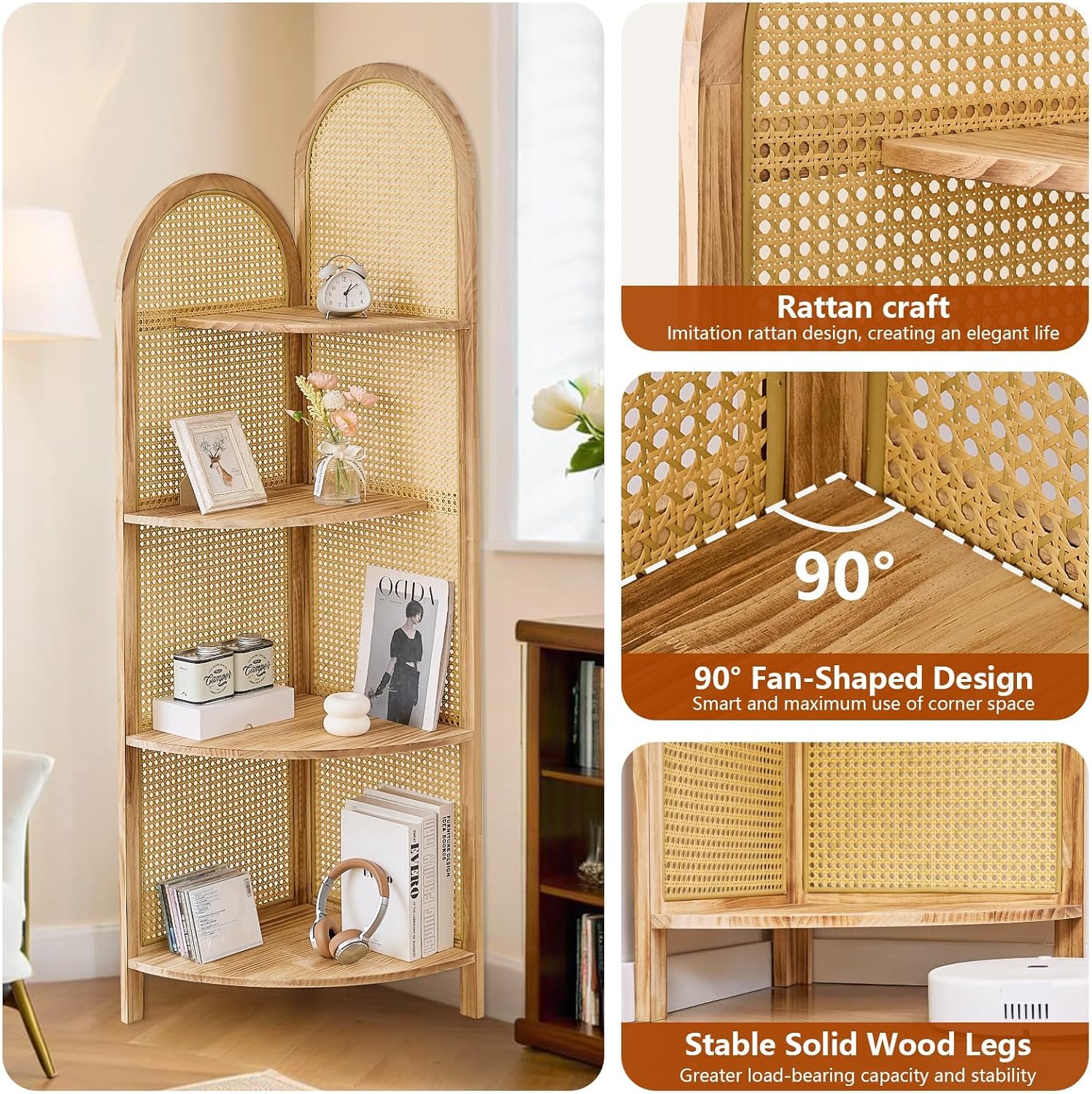 4-Tier Corner Shelf Stand 70' Rattan Corner Shelves Display Shelf Wall Corner Bookshelf with Solid Wood Frame Multi Unit Organizer Rack with Legs for Living Room Decor,Small Space, Natural
