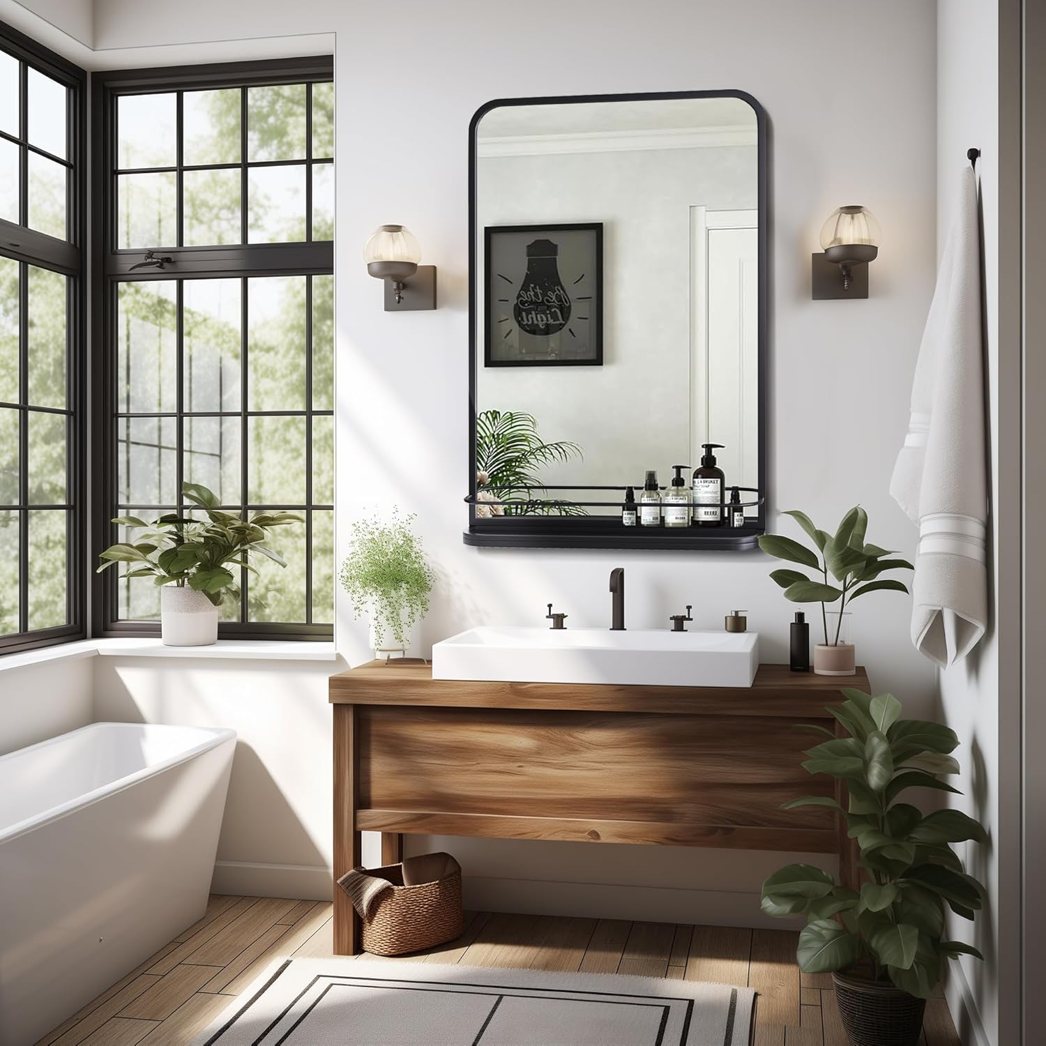 Bathroom Mirror with Shelf for Shaving,19.7x29.9 Inch Wall-Mounted Rectangle Metal Mirror with Storage, Matte Black Vanity Mirror with Rounded Corners for Over Sink, Decor(Black/19.7x29.9 in)