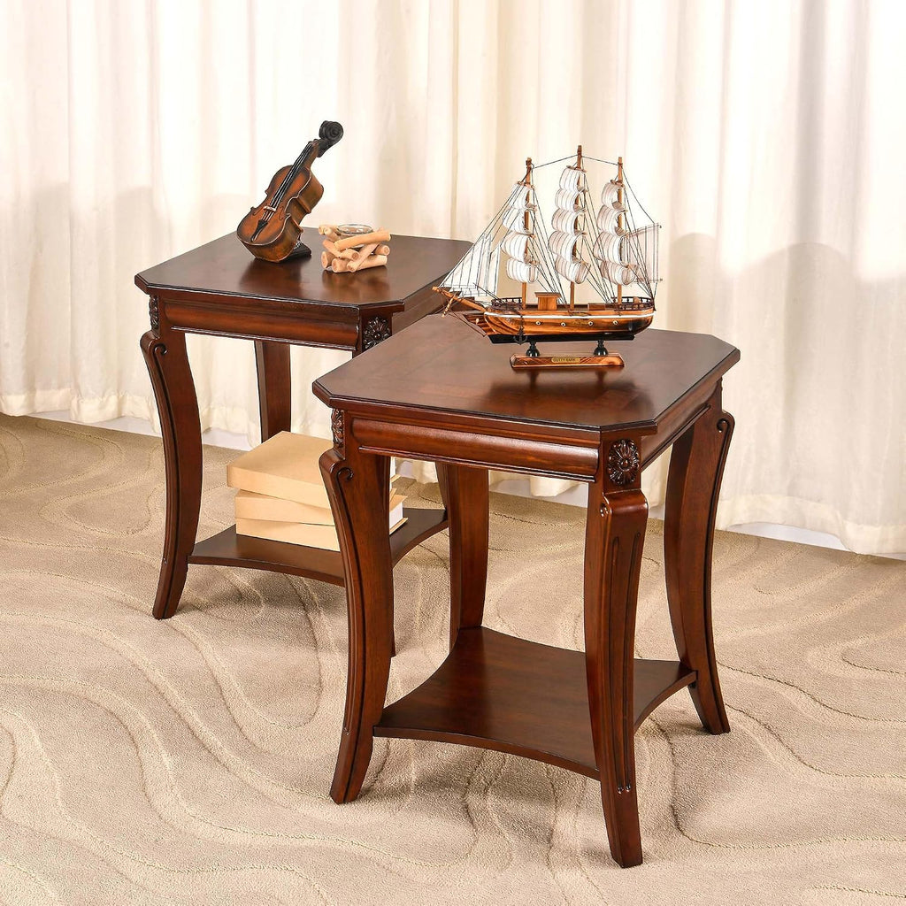 Square End Table with Storage Shelf, Farmhouse Sofa Side Tables for Living Room, Solid Wood Beside Table- With Floral Tabletop,Telephone Tabless, 19.7'D x 19.7'W x 23.8'H Cherry Brown CJZ-A1168-WD