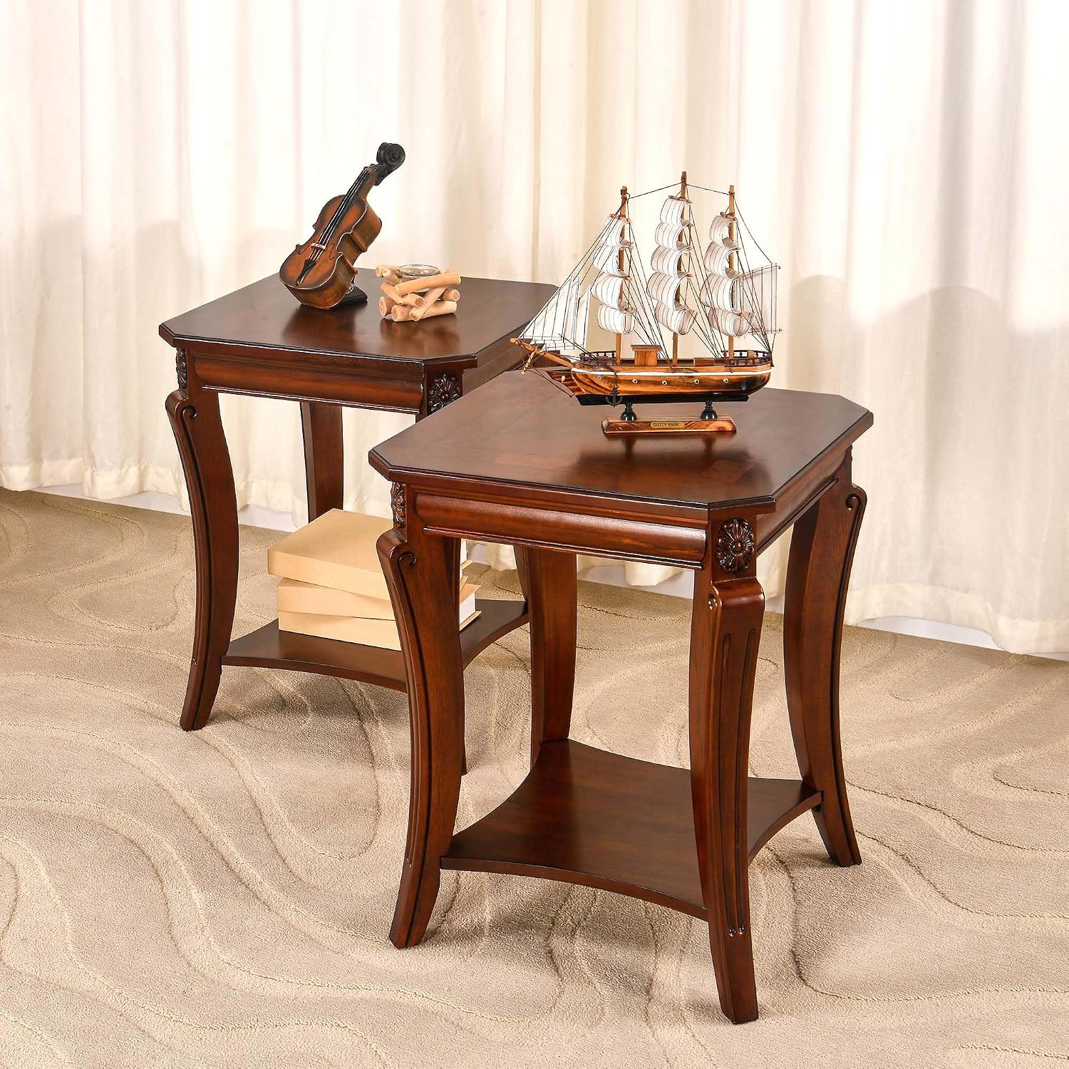Square End Table with Storage Shelf, Farmhouse Sofa Side Tables for Living Room, Solid Wood Beside Table- With Floral Tabletop,Telephone Tabless, 19.7'D x 19.7'W x 23.8'H Cherry Brown CJZ-A1168-WD
