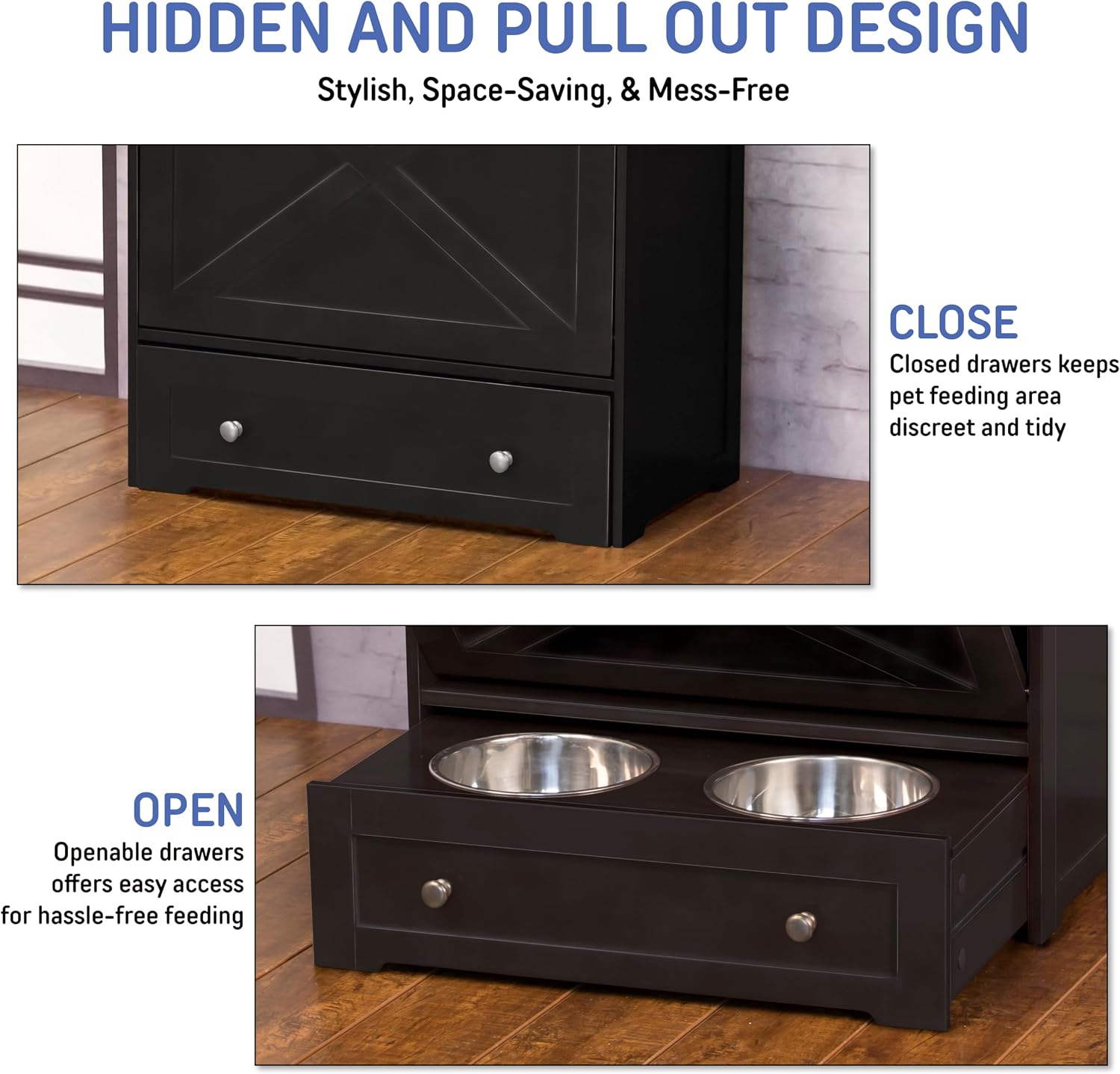 zoovilla Pet Feeding Station Furniture with Storage, Stylish Pet Food Cabinet with 2 Pull-Out Elevated Bowls, Tilt-Out Open Shelf Storage with 3 Hangers, Black.