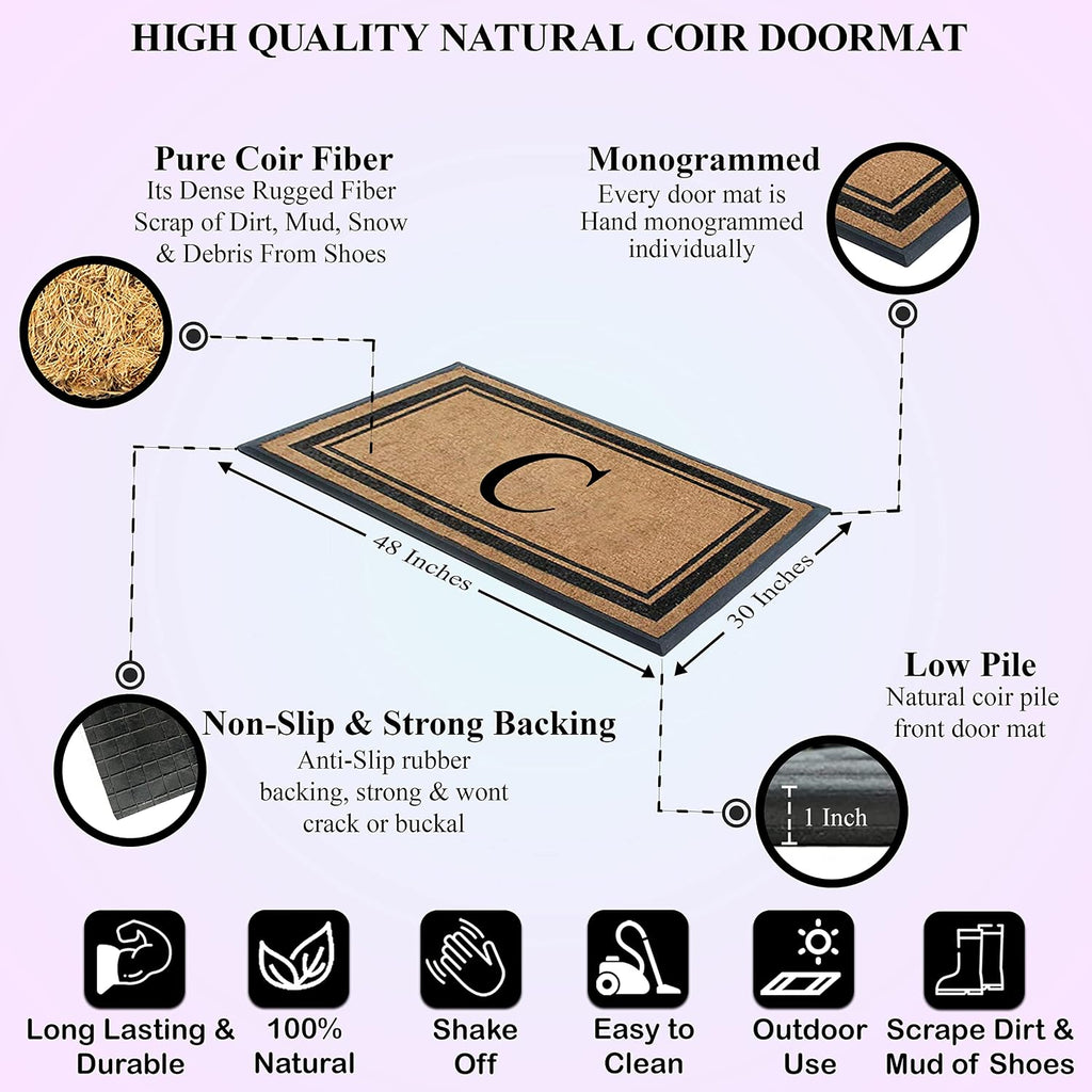 A1 Home Collections Natural Coir & Rubber Hand-Flocked Monogrammed Doormat - Heavy Duty Anti-Shedding Front Door Mat, Thick & Durable Entrance Mat - C, 30' x 48'