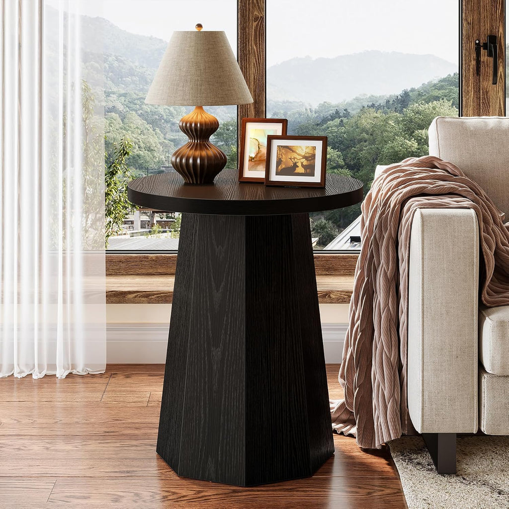 Tribesigns Round Pedestal End Table, Farmhouse Couch Side Table with Octagonal Base, Wooden Drink Stand Accent Nightstand(2, Black)