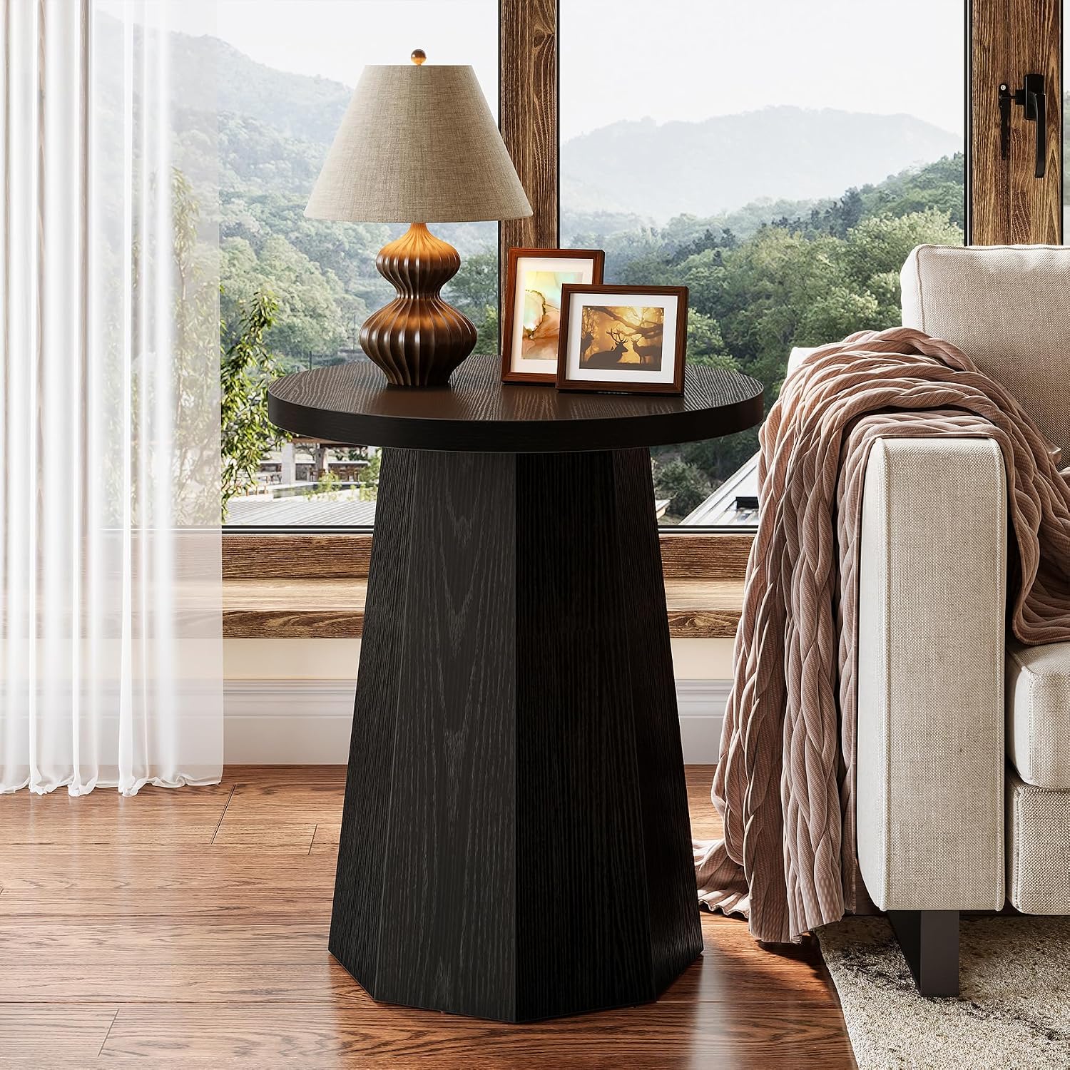 Tribesigns Round Pedestal End Table, Farmhouse Couch Side Table with Octagonal Base, Wooden Drink Stand Accent Nightstand(2, Black)