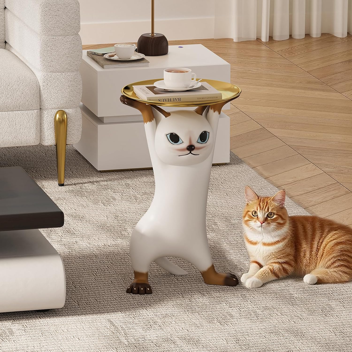 homary Whimsical Cat Statue, Animal Side Table with Gold Tray, Resin Figurine Accent Table for Living Room, Bedroom, or Entryway