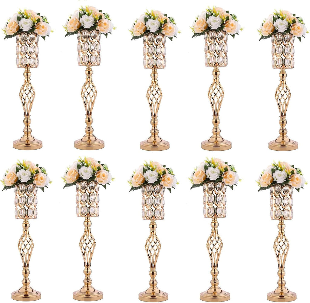 Crystal Wedding Centerpiece Vases for Tables - Set of 10 Metal Gold Vases, 24in Tall Versatile Flower Holders, Elegant Flower Stands for Centerpieces Wedding Party Reception Christmas Home Decor