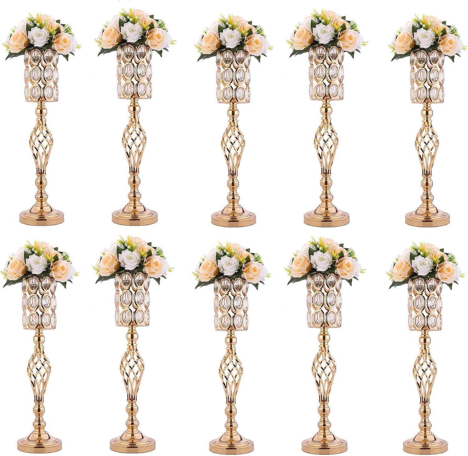 Crystal Wedding Centerpiece Vases for Tables - Set of 10 Metal Gold Vases, 24in Tall Versatile Flower Holders, Elegant Flower Stands for Centerpieces Wedding Party Reception Christmas Home Decor