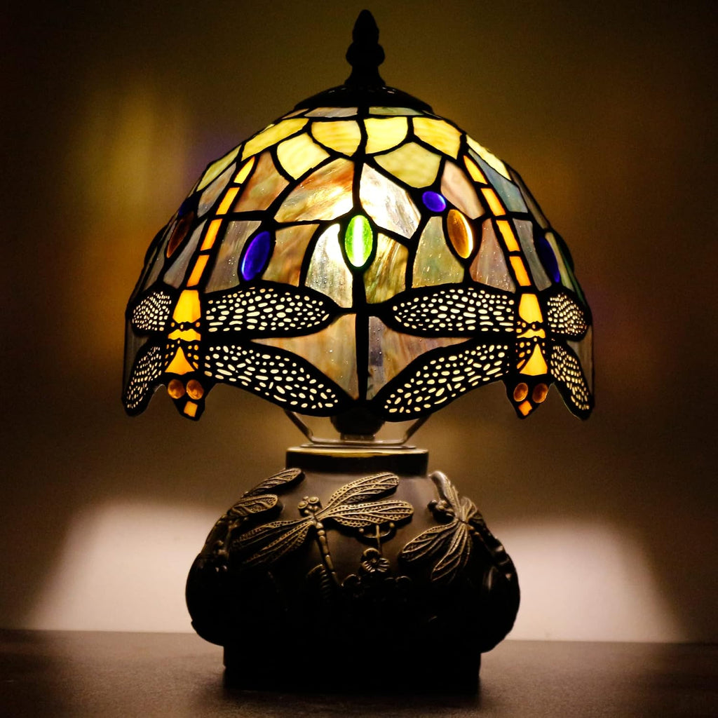 Small Tiffany Lamp Mini Stained Glass Table Lamp Brown Yellow Dragonfly Style Mushroom Desk Light Memory Sympathy Lamp 8X11 Inch