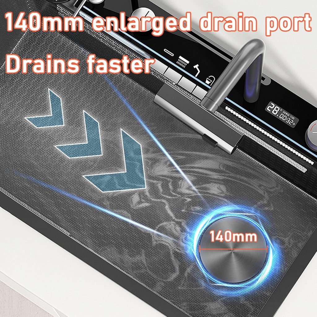 JATIBOSH Double Waterfall Single Bowl Sink LED Temperature Display, Drop-in Farmhouse Deep Stainless Steel Sink with Integrated Multifunctional Faucet