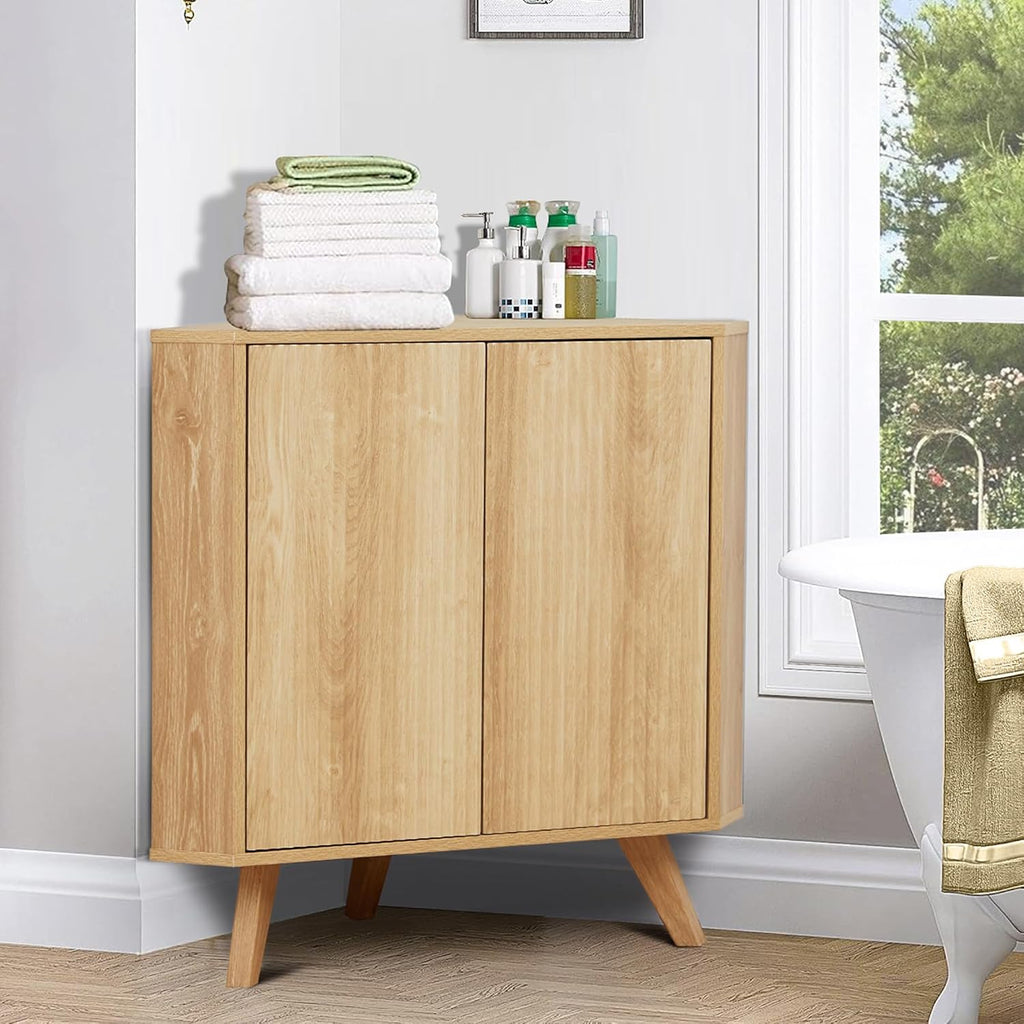 XUZENEST Fluted Floor Corner Cabinet, Small Corner Floor Cabinet with Adjustable Shelve, Freestanding Narrow Cabinets Organizer for Living Room Kitchen Bathroom, Natural