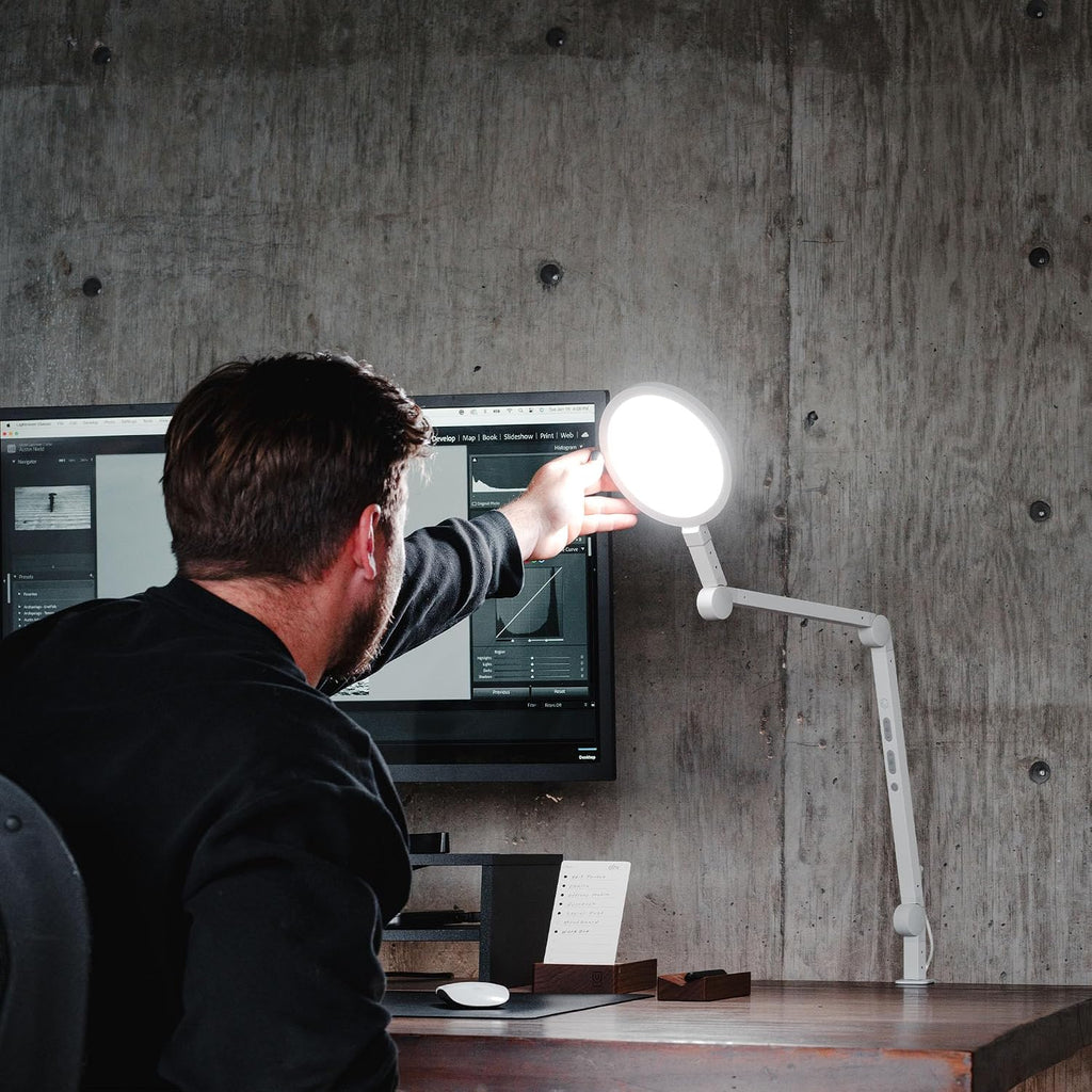 LUME CUBE Edge 2.0 LED Desk Lamp | Dimmable Home Office Desk Light with USB Charging Port & Strong Swing Arm | Adjustable Color Temperature and Brightness | Circle Webcam Light - White 2pk