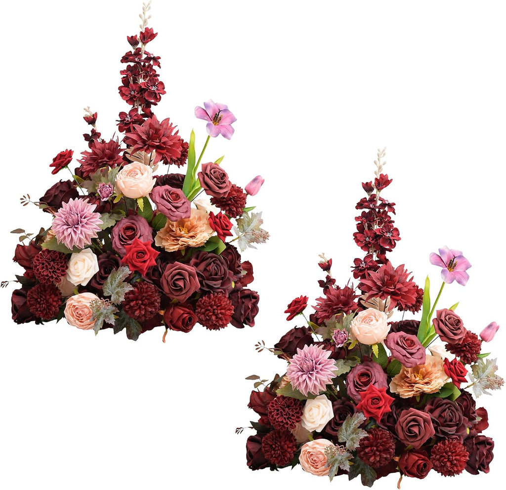 2pcs 19inch Burgundy Wine Red Free Standing Flowers Ball Bouquet Artificial Rose Arrangements Balls for Wedding Centerpieces Tables Chair Aisle Runner Flowers Decorations