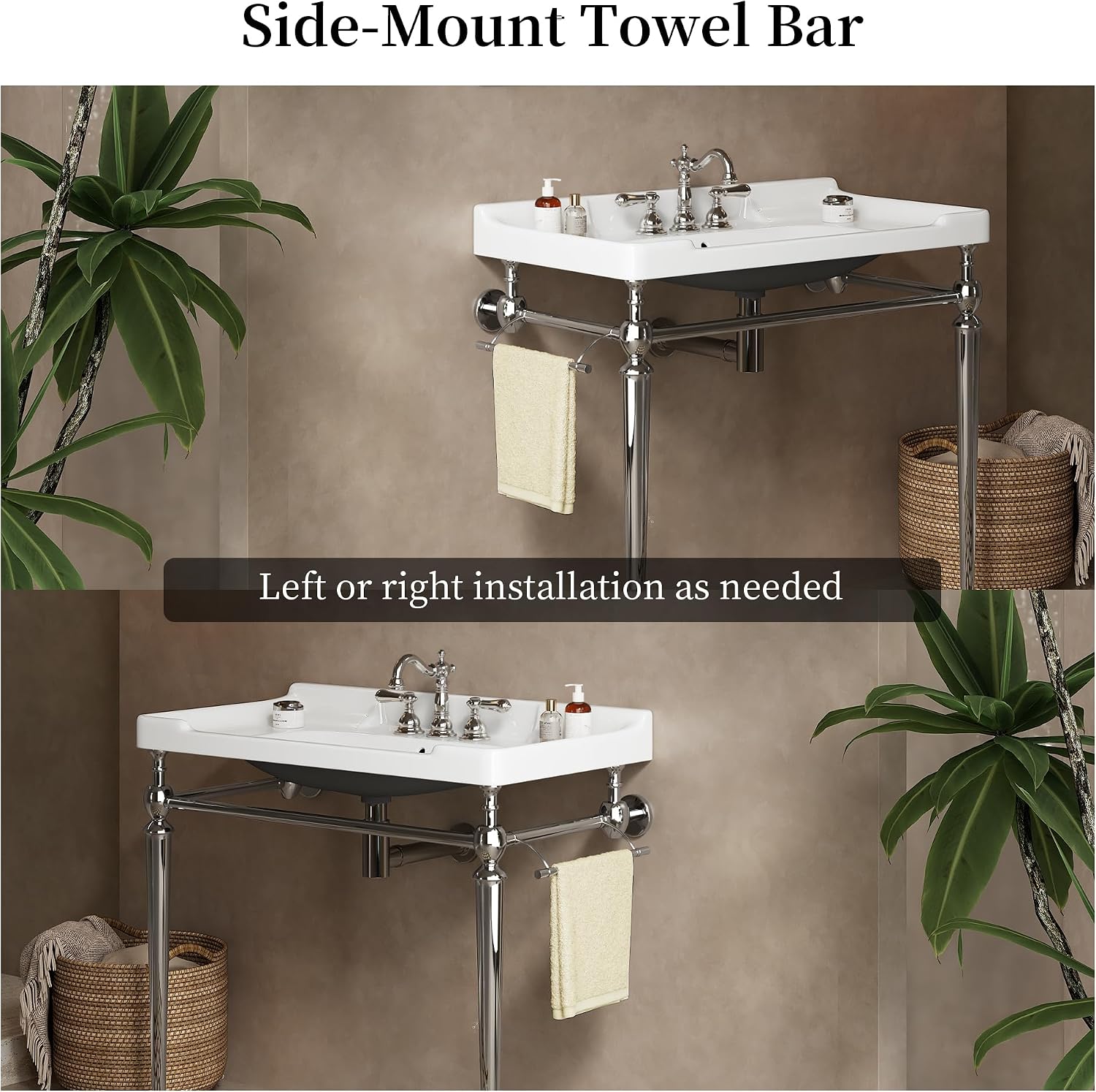 Yayzy 36' Bathroom Vanity with White Ceramic Sink, Wall-Mounted Console Style, Silver-Finish Stainless Steel Legs & Towel Bar, 3 Faucet Holes, No Faucet