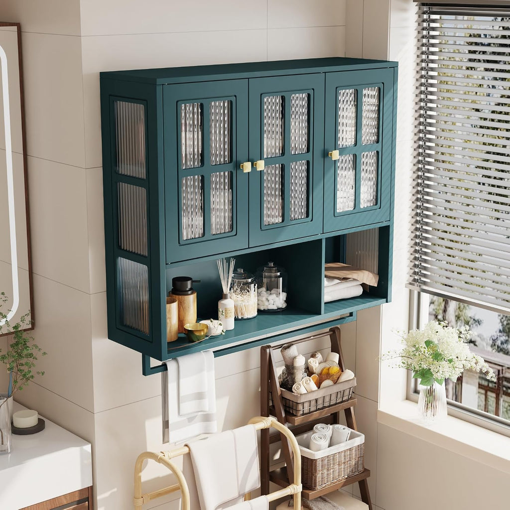 Polibi Wall Cabinet with Fluted Glass, Modern Wall-Mounted Storage with Towel Bar, Removable Shelves, Minimalist Design for Entryway Living Room Bathroom Dining Room, Easy Assembly, Dark Green