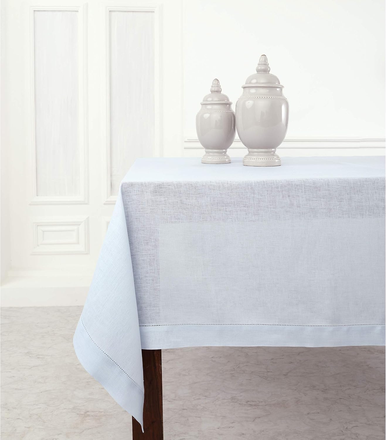 Solino Home Light Blue Linen Tablecloth 60 x 120 Inch - 100% Pure Linen Hemstitch Table Cloth for Rectangle Tables - Classic Hemstitch, Machine Washable Tablecloth for Summer