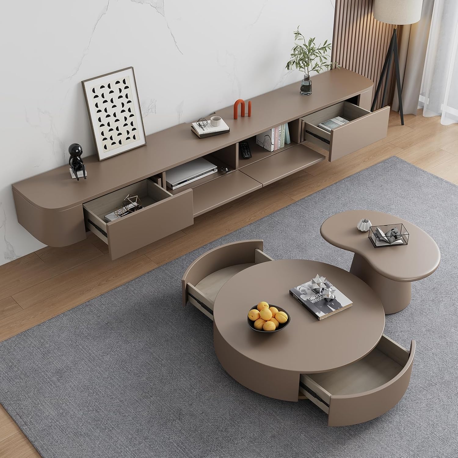 Floating TV Stand - Wall Mounted Media Console with 2 Drawer, Floating Entertainment Center TV Cabinet, Wall Mounted Audio/Video Shelf for Home Room (Khaki, 62.99x7.87x9.45IN)