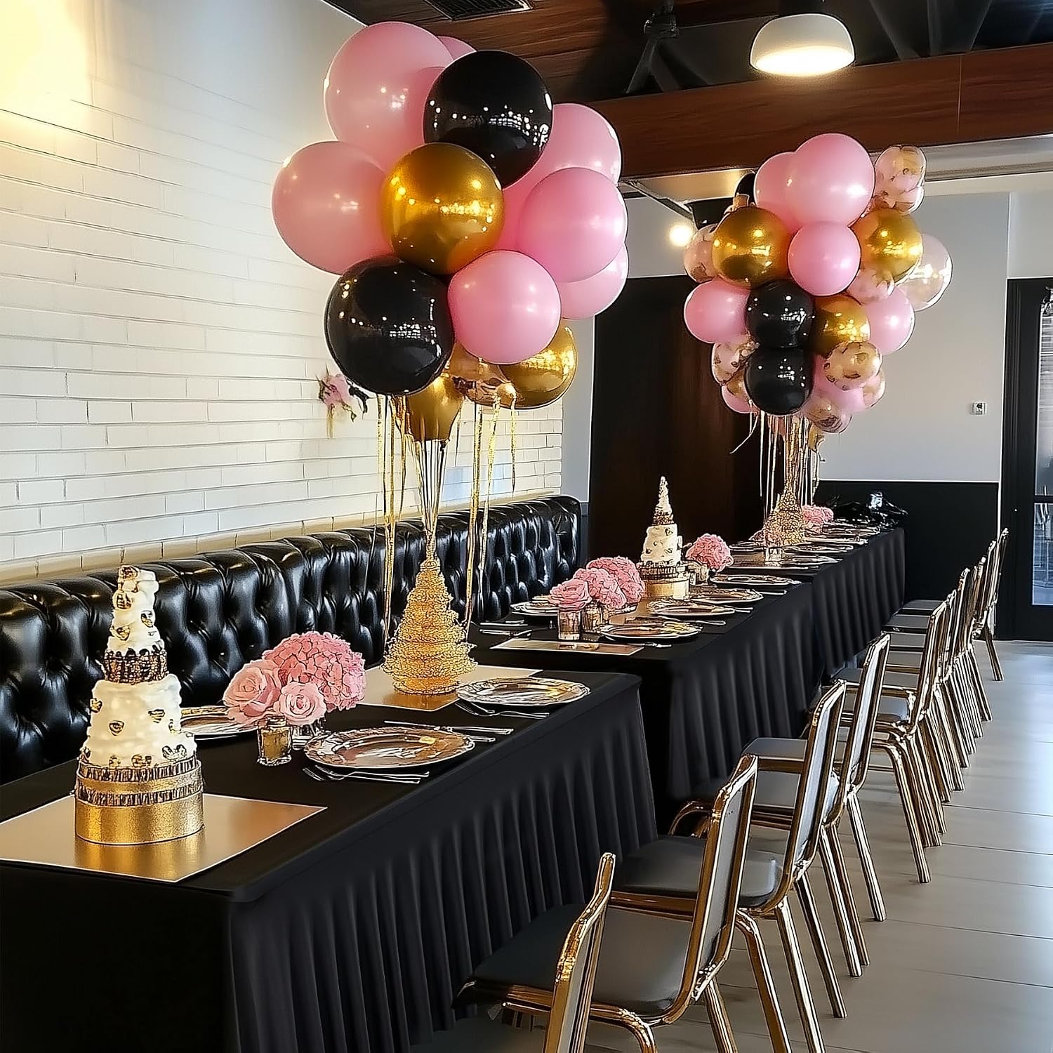 8 pk Black Spandex Tablecloth 8ft with Ruffled Skirt,Wrinkle Free High Stretch Fitted Tablecloths for 8 Foot Rectangle Tables,Pleated Elastic Spandex Table Covers 6ft for Parties Wedding Banquet