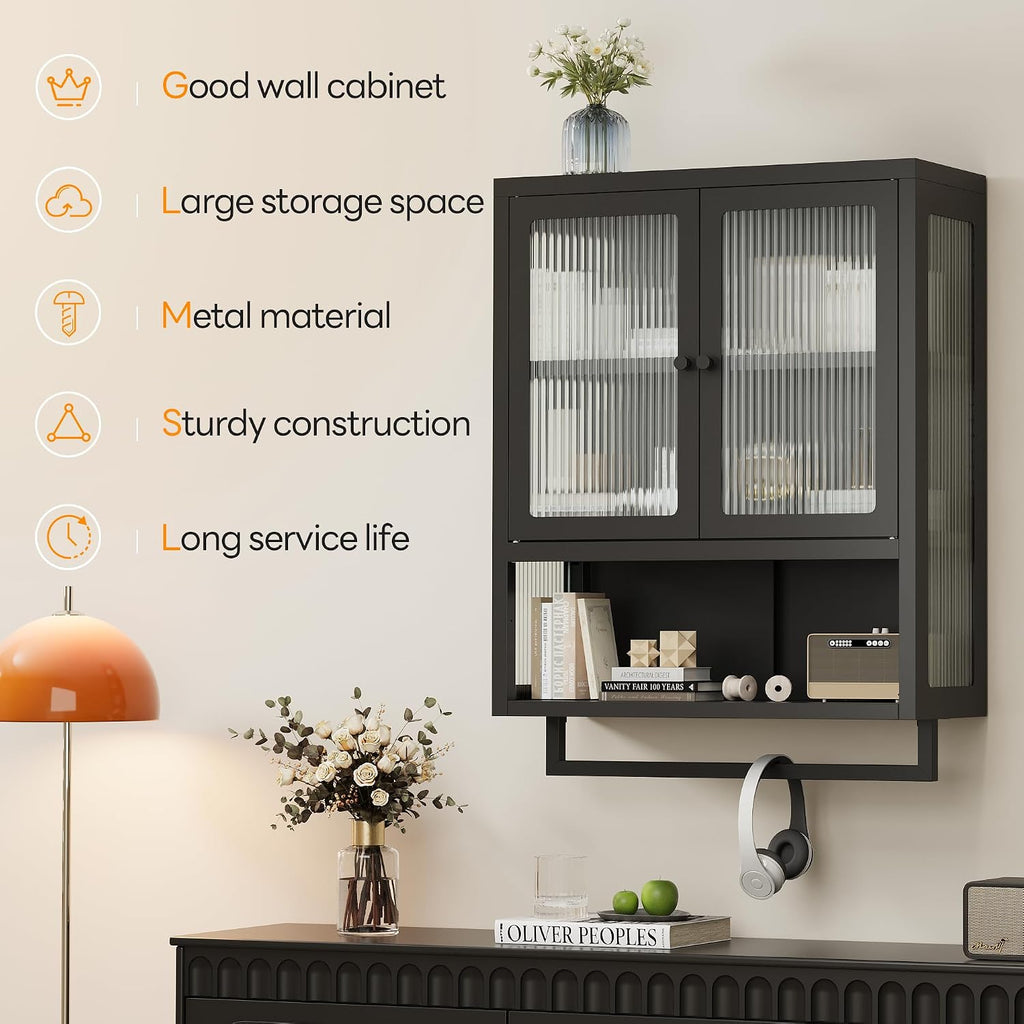 Bathroom Wall Cabinet, Over The Toilet Space Saver Storage Cabinet, Medicine Cabinet with 2 Glass Door and Towel Bar, Metal Wall Mounted Cabinet for Bathroom Laundry Room Kitchen