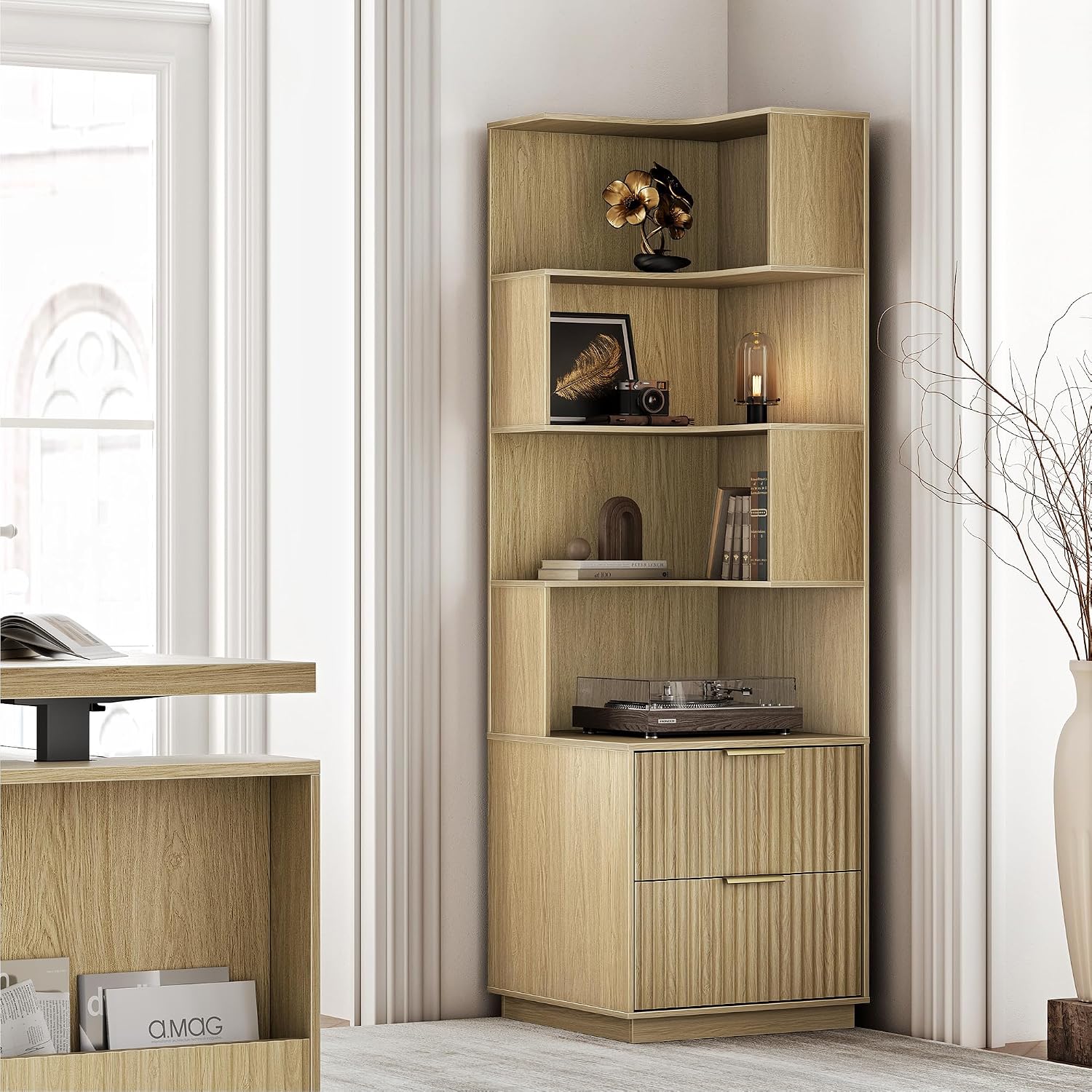 Corner Bookshelf with Drawers, 4 Tier Fluted Corner Bookcase with Storage, 71' Tall Bookcase with Storage Display Rack with Baffles for Home Office and Living Room, Light Walnut