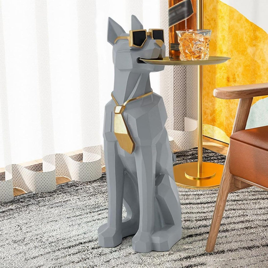 homary Modern Resin Dog Sculpture Geometric Standing Statue Cute Side Table Tray End Table with Tissue Storage (Gray)