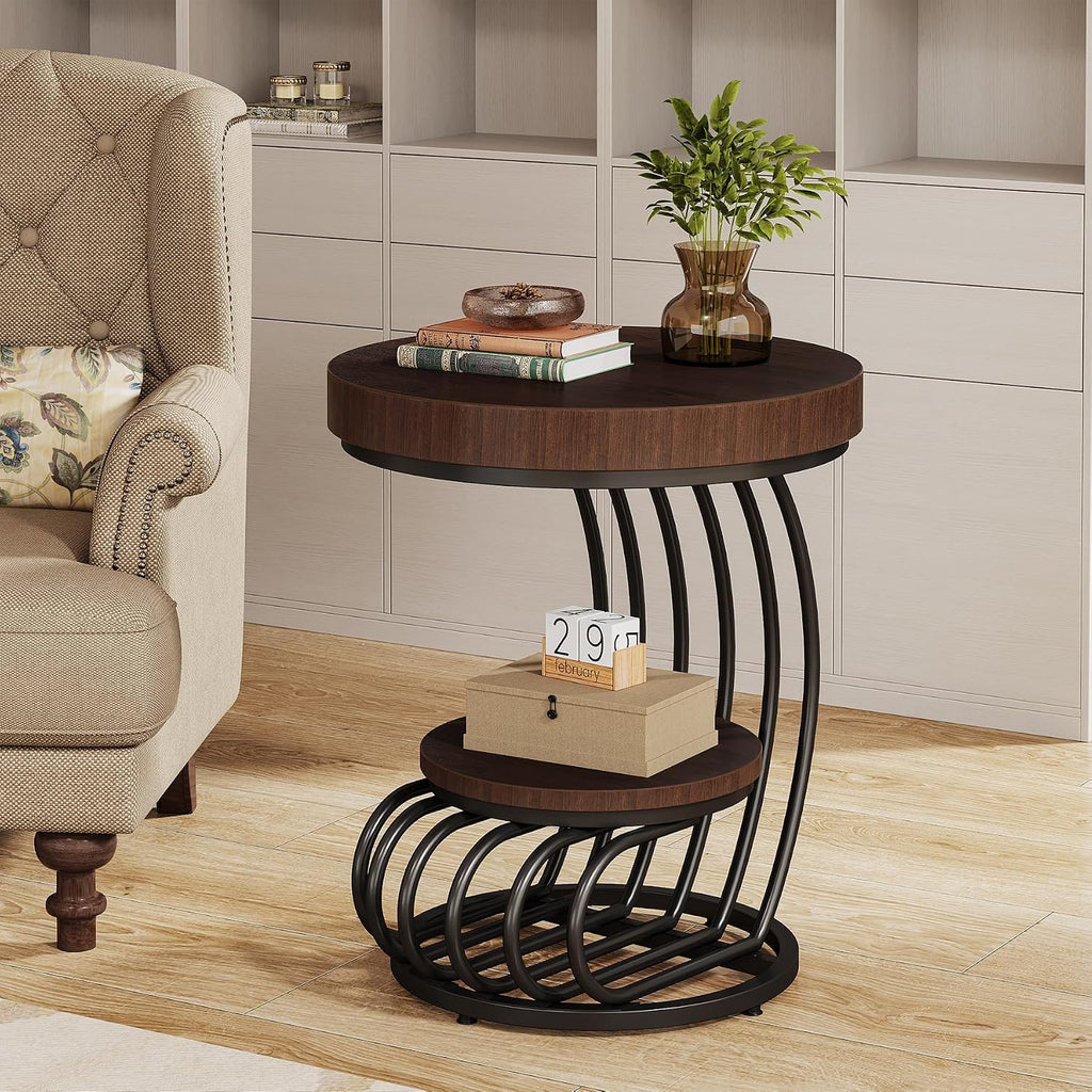 Tribesigns Round End Table, 2-Tier Farmhose Wood Side Table with Shelf Storage, Small Sofa Side Bedside Nightstand, Arc-Shaped Frame Accent Furniture for Living Room, Rustic Brown