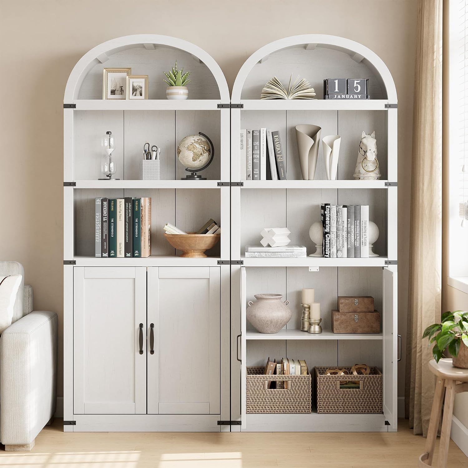 GarveeHome Bookcase with Doors Arched Bookshelf 71.65 in Tall Bookcase Farmhouse Cabinet with Shelves Wooden Bookshelves for Home Office, Living Room