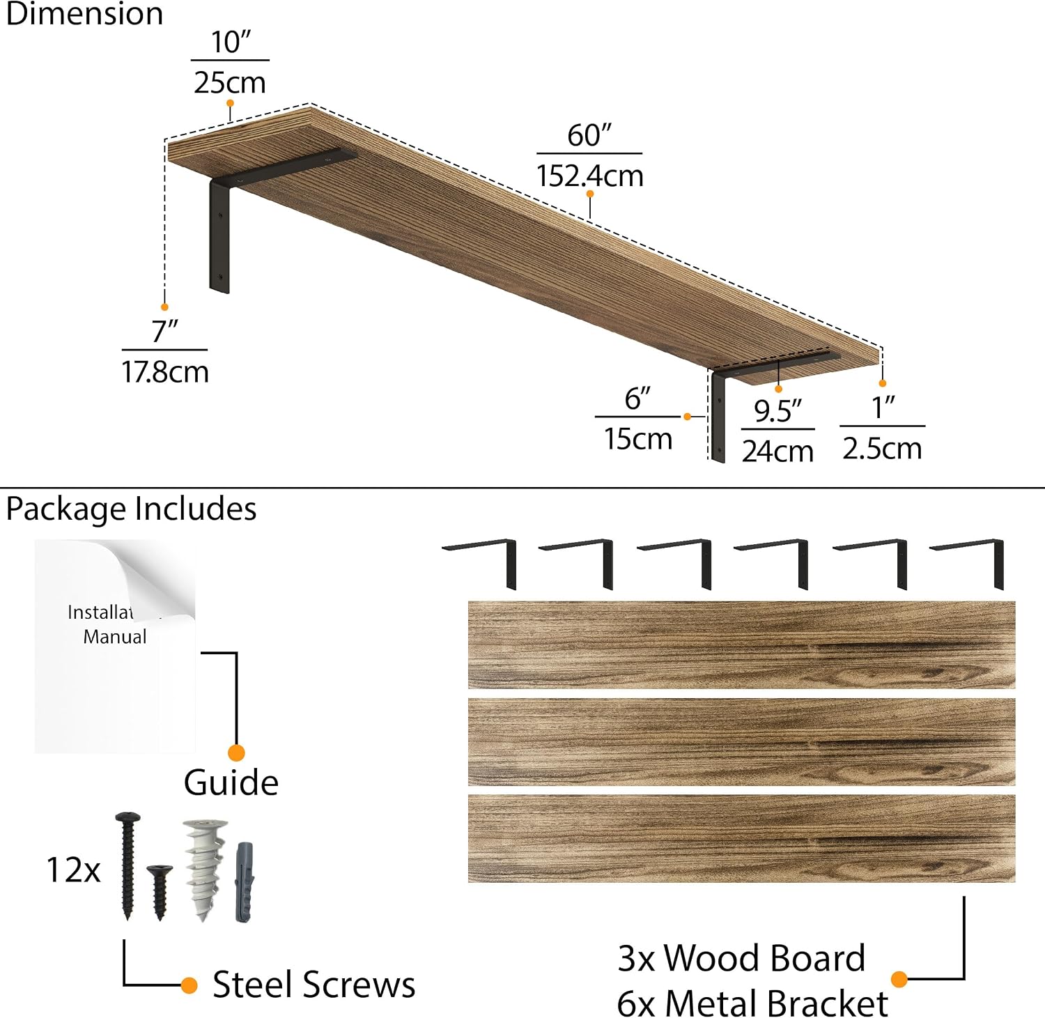Wallniture Cervo 60 inch Long x 10 in Deep Floating Shelves for Wall Decor, Wall Bookshelf for Living Room, Shelves Home Office, Laundry Room, Floating Shelf Set of 3, Burnt, Wood