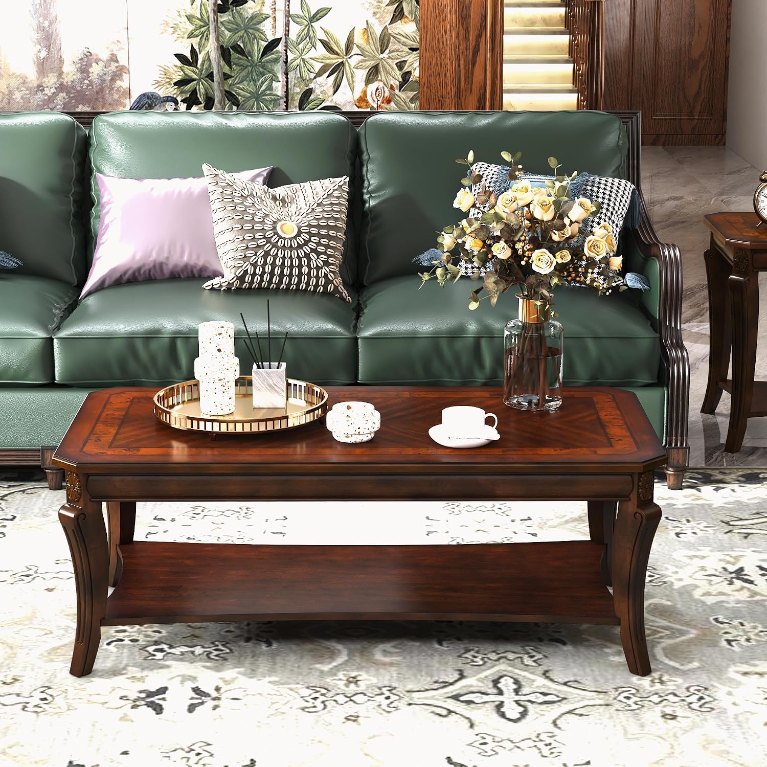 Traditional Living Room Tables Set of 3- One Coffee Table and Two End Table with Carved Tabletop and Leg, Farmhouse Cocktail Table with Storage Shelf, Cherry Brown KFZ- CJZ-A1168-WD