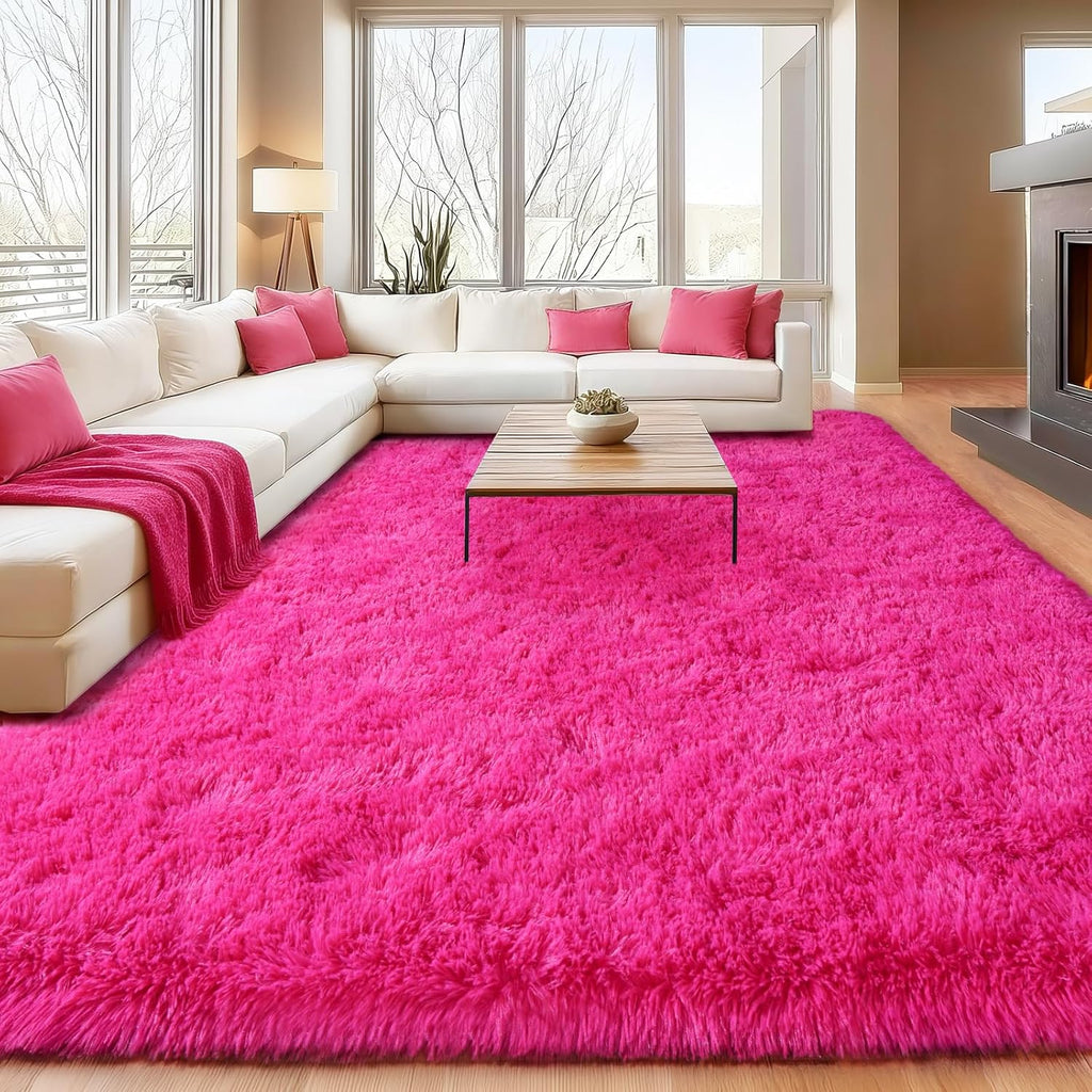 Extra Large 9x12 Feet Fuzzy Rug Hot Pink Fluffy Rug for Living Room, Big Plush Non-Skid Shag Carpet, Soft Shaggy Rugs for Bedroom Indoor Modern Home Decor