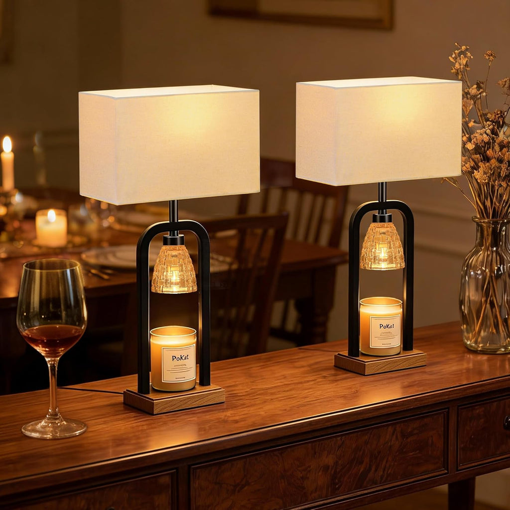 PoKat 21.5'' Lamp Candle Warmers Set of 2 Black, Farmhouse Candle Warming Lamps with Timer Dimmer & Wood-Like Base, Warmer Lamp Jar Candles, Table Lamps for Bedroom End Table Decor, Bulb Included