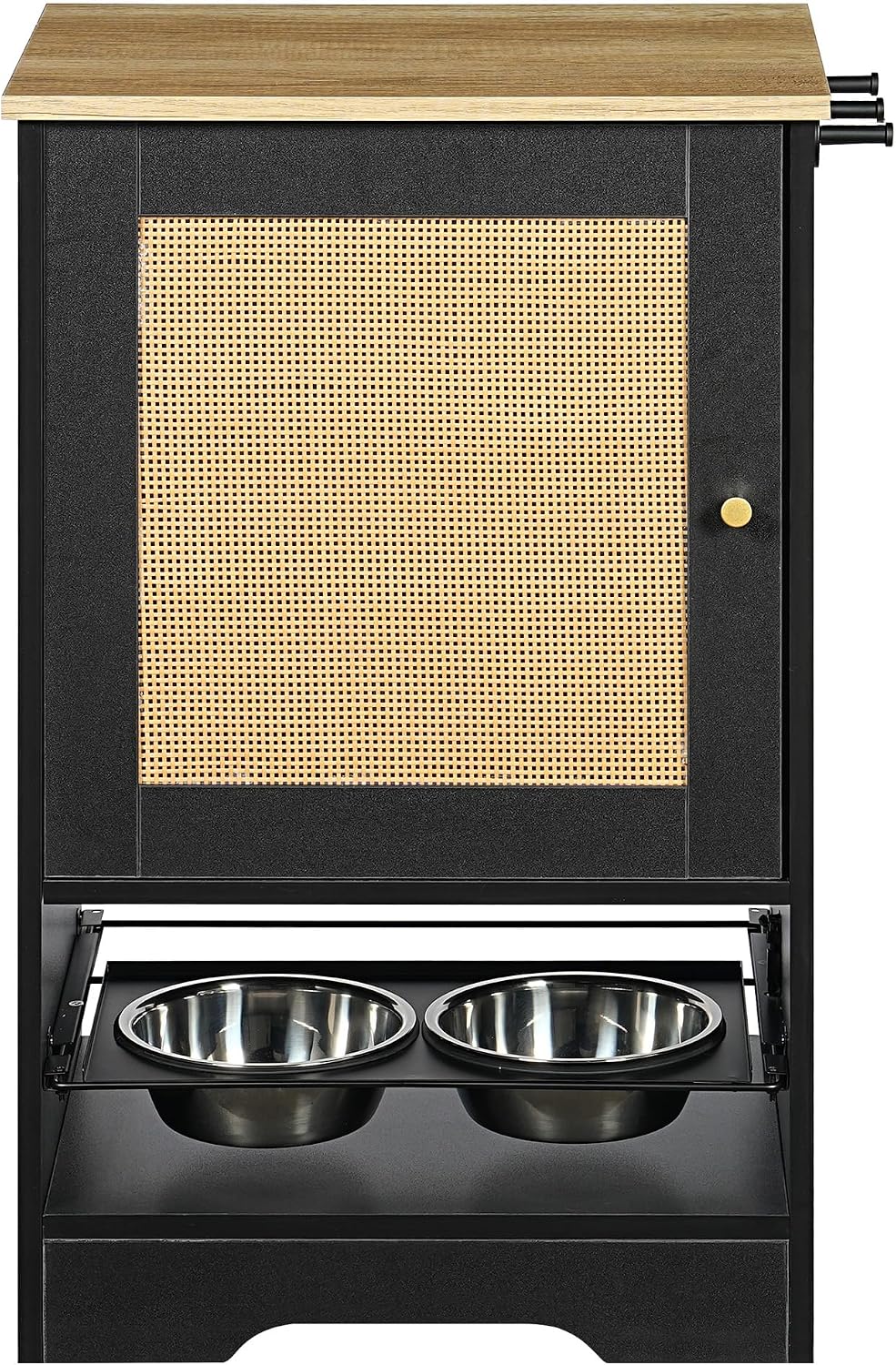 Feeding Station with 1 Storage Cabinets, Pet Feeding Station with 2 Elevated Dog Bowls, Side Hooks, Anti-tip Kit, Hidden Pet Feeder Station for Feeding & Watering, Black