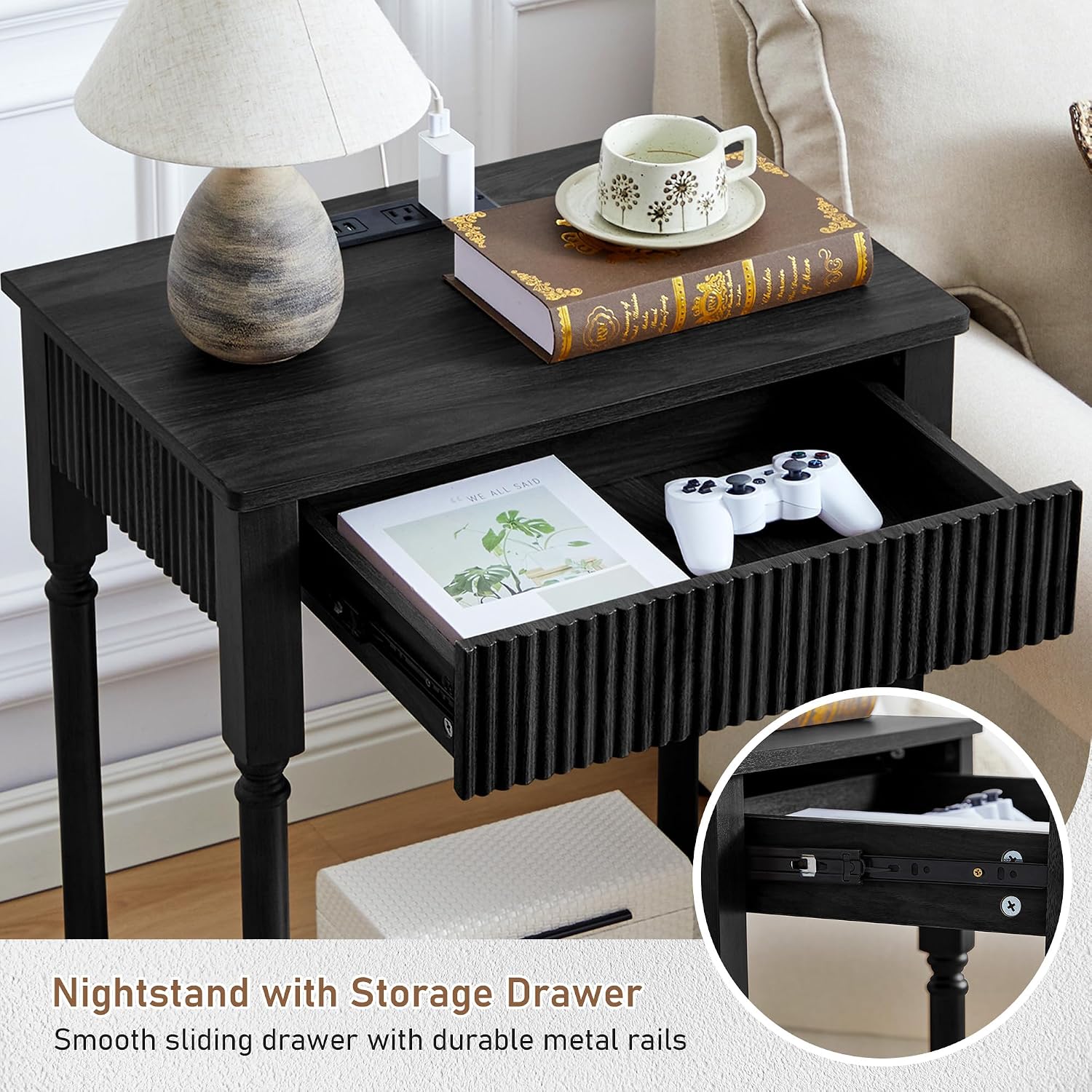 23.6' Large End Table with Charging Station, Set of 2, Modern Farmhouse Side Table with Drawer&Open Shelf, Fluted Wood Bedside Table Sofa Tables Night Stand for Bedroom Living Room Home Office, Black