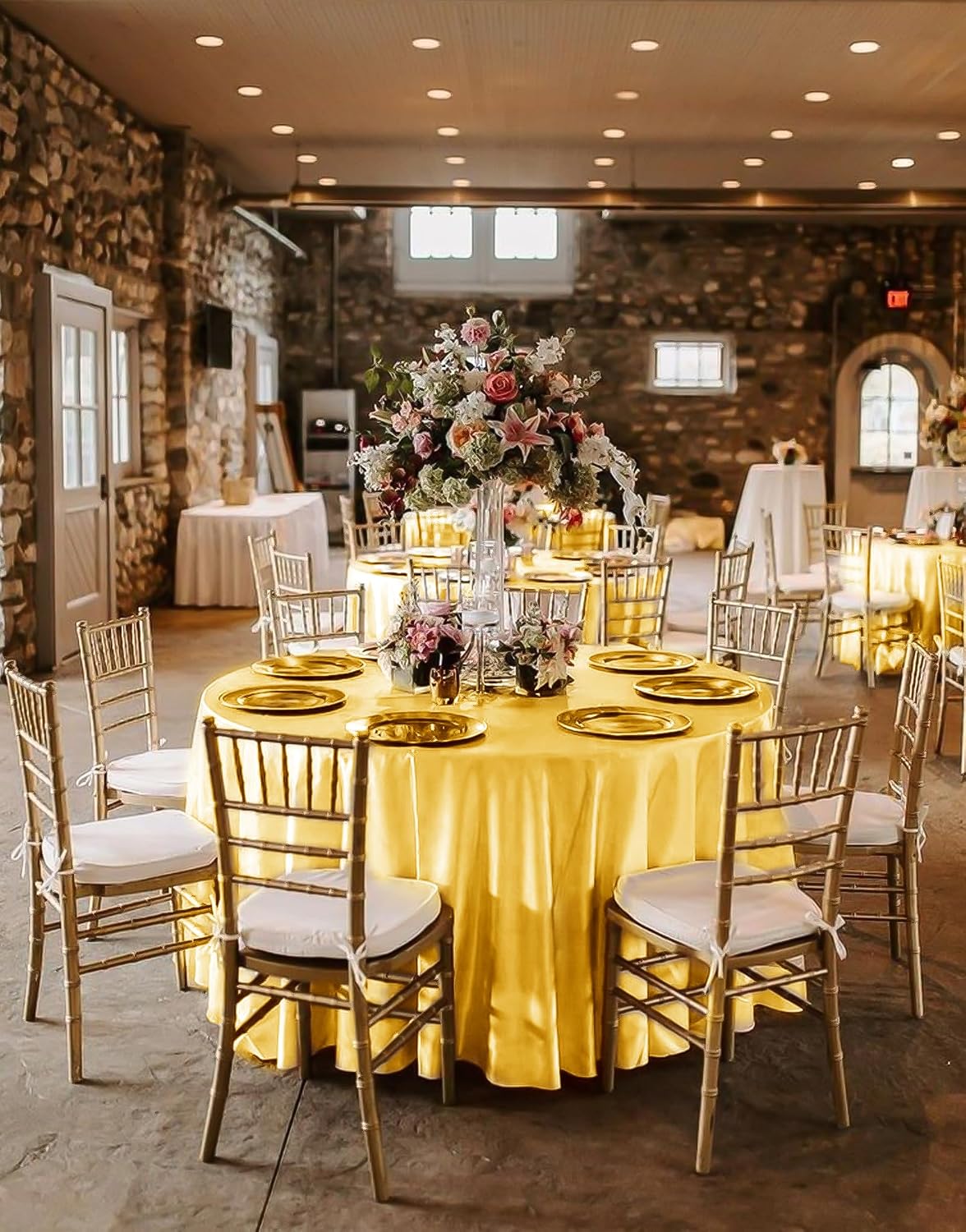 12 Pack 120 Inch Round Tablecloth, Gold Satin Fabric Table Cloth for Round Tables, Wrinkle Resistant Washable TableCover Bright Silk Table Clothes for Wedding Party Dining Tables Banquet