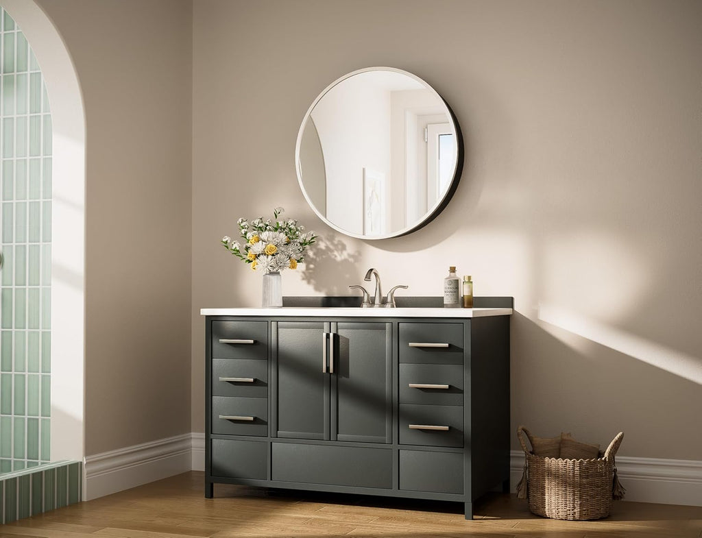 Keonjinn Round Brushed Nickel Medicine Cabinet Mirror for Bathroom, 26 Inch Surface Mount Medicine Cabinet with Mirror, Circular Framed Mirrored Medicine Cabinets, Modern Cabinet with Vanity Mirror