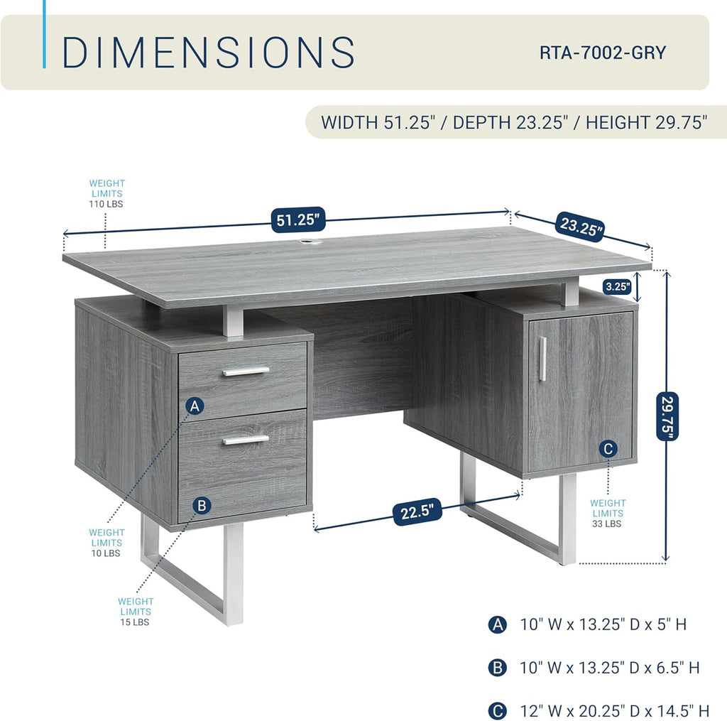Techni Mobili Modern Office Desk with Storage, Gray