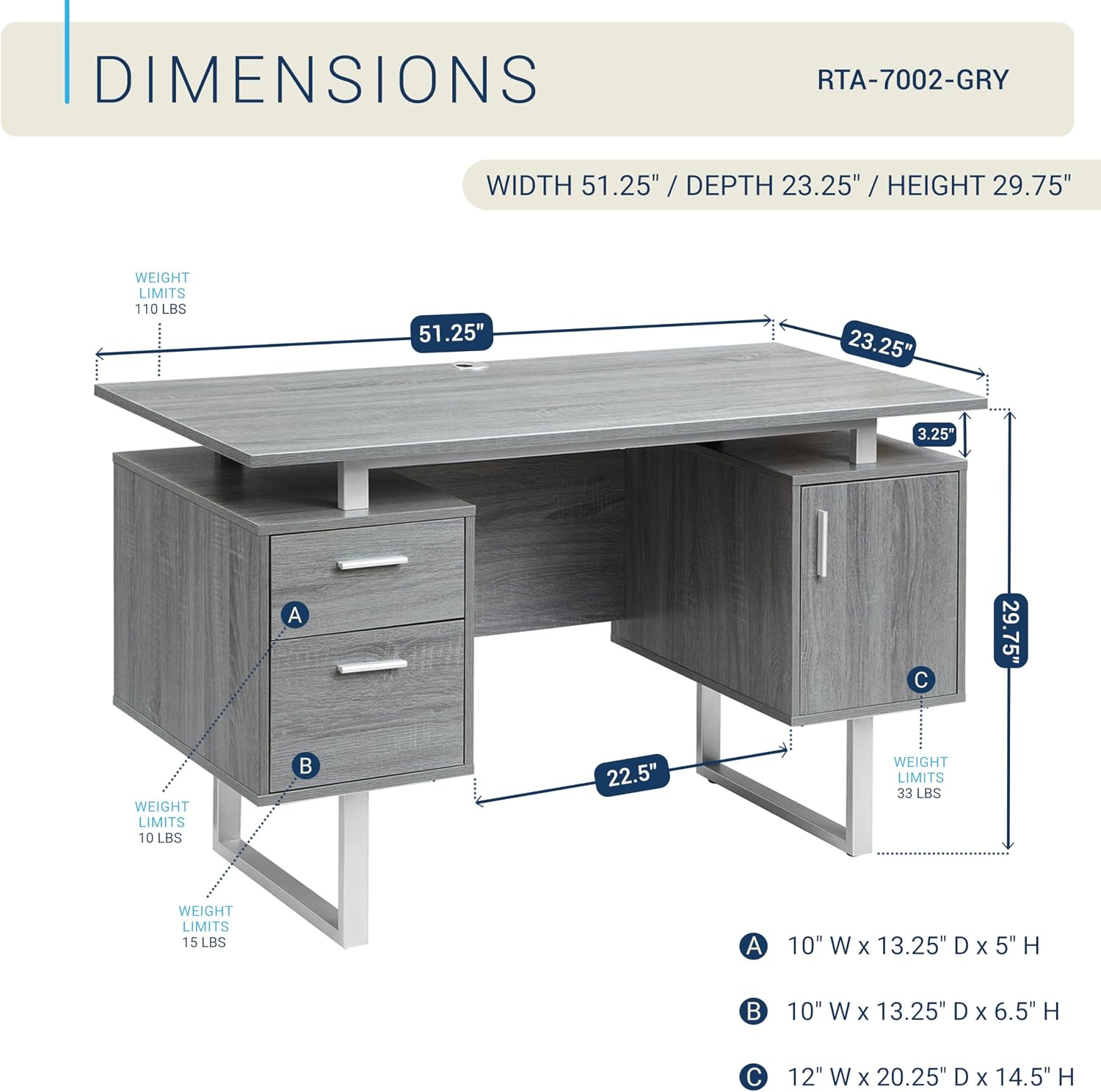 Techni Mobili Modern Office Desk with Storage, Gray