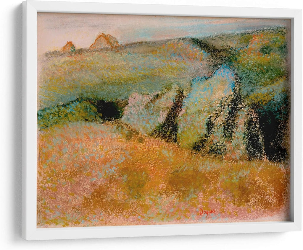 Canvas Lab | Landscape with Rocks by Edgar Degas | 23 x 17 in | Fine Art Framed Print, Frame Color: White | Classical art, Impressionism, Scenery | Wall Decor for Bedroom, Living Room or Office