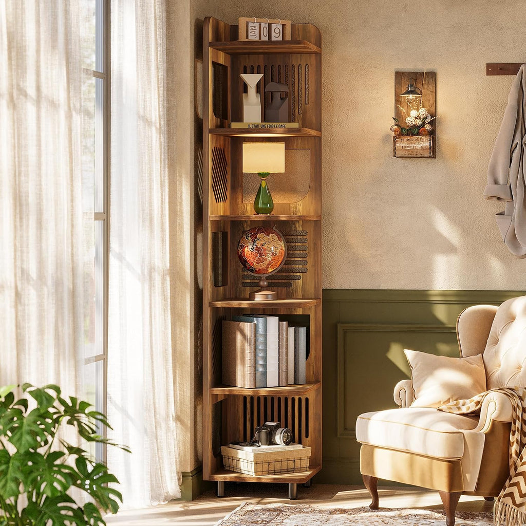 Tribesigns 6-Tier Corner Bookshelf, Tall Narrow Corner Shelf Bookcase with Hollow Design, Farmhouse Skinny Display Shelf for Living Room, Bedroom, Small Space, Yellow