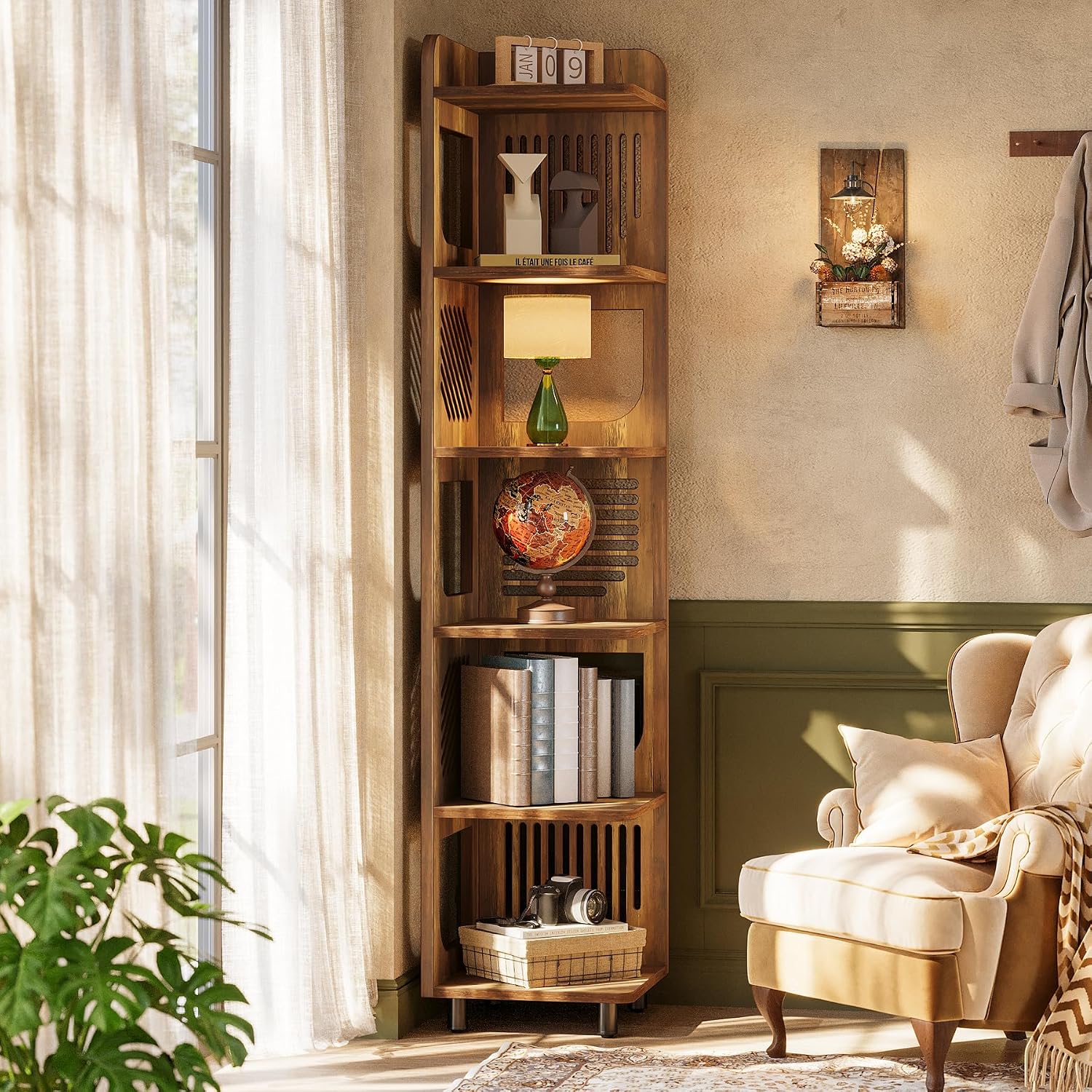 Tribesigns 6-Tier Corner Bookshelf, Tall Narrow Corner Shelf Bookcase with Hollow Design, Farmhouse Skinny Display Shelf for Living Room, Bedroom, Small Space, Yellow