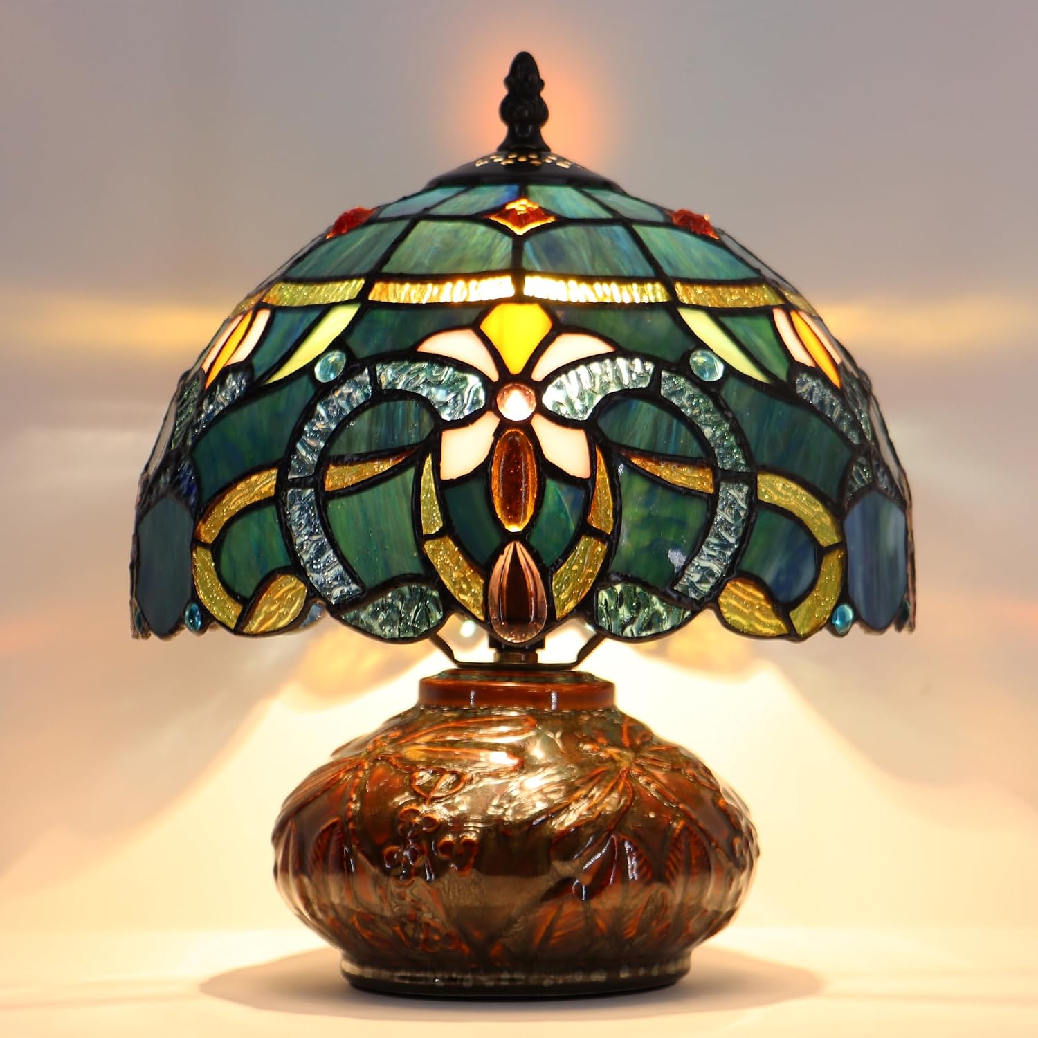 Small Tiffany Table Lamp, 10X10X11 Inch Mini Stained Glass Mushroom Desk Light Memory Sympathy Ceramic lamp (Blue Baroque Style)